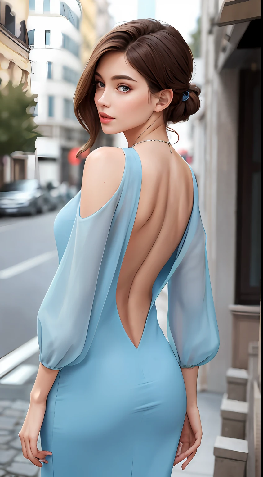 European and American women, A fashion model, Wearing a light blue dress with an open back, Glamour, paparazzi taking pictures of her, short detailed hair, Brown eyes, 8K, High quality, Masterpiece, Best quality, k hd, Extremely detailed, voluminetric lighting, Photorealistic