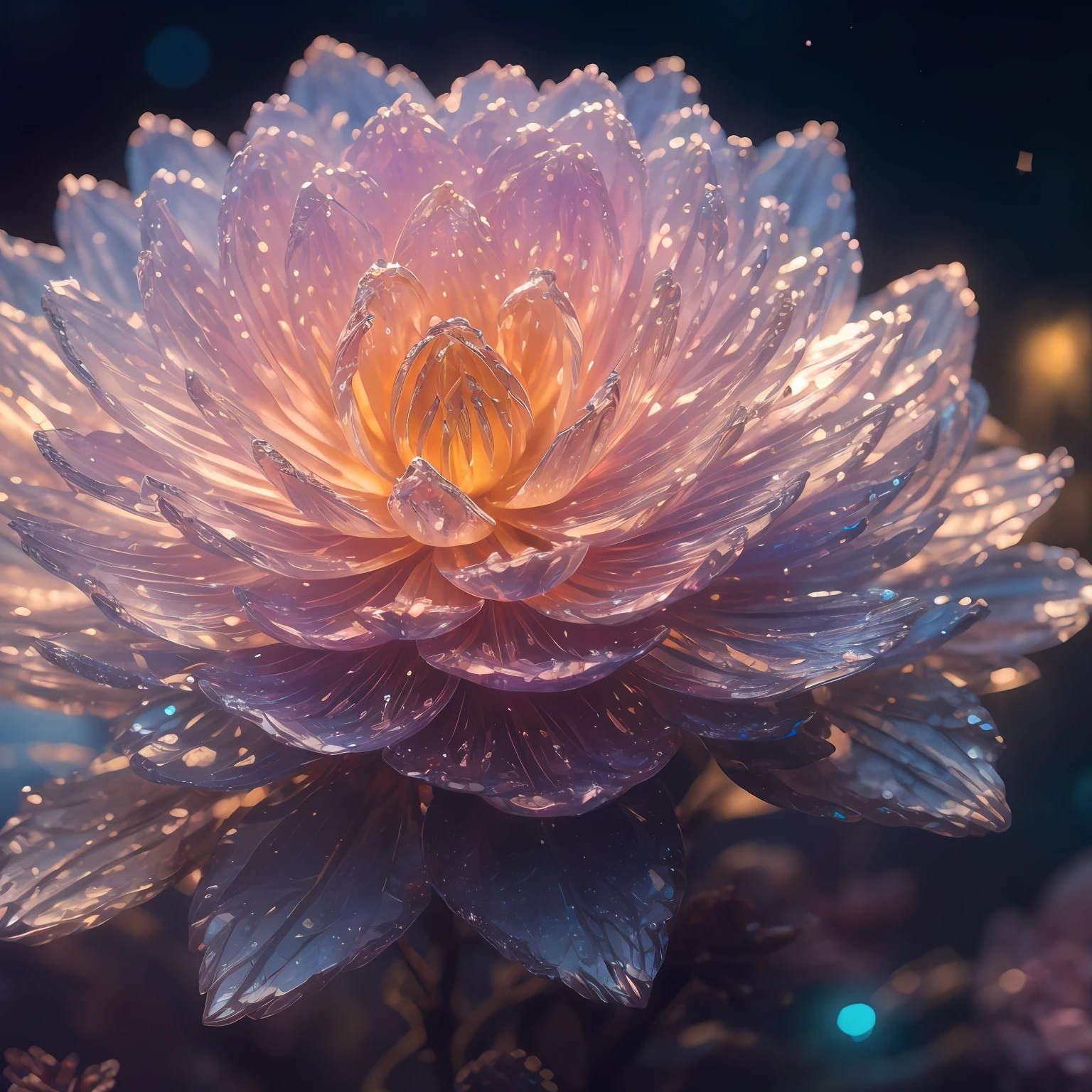 crystal blossom flower,
fantasy, galaxy, transparent, 
shimmering, sparkling, splendid, colorful, 
magical photography, dramatic lighting, photo realism, ultra-detailed, 4k, Depth of field, High-resolution