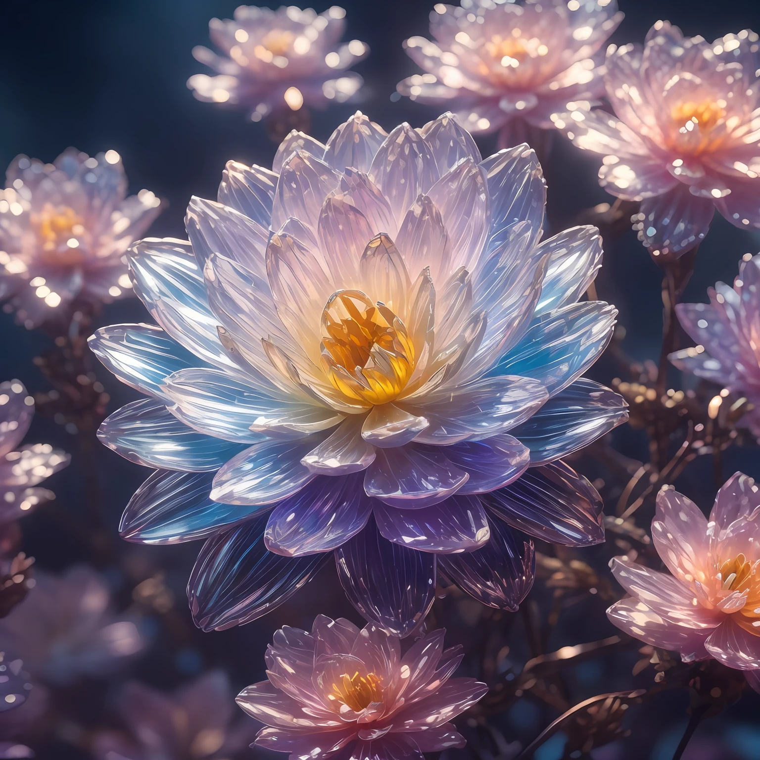 crystal blossom flower,
fantasy, galaxy, transparent,
shimmering, sparkling, splendid, colorful,
magical photography, dramatic lighting, photo realism, ultra-detailed, 4k, Depth of field, High-resolution