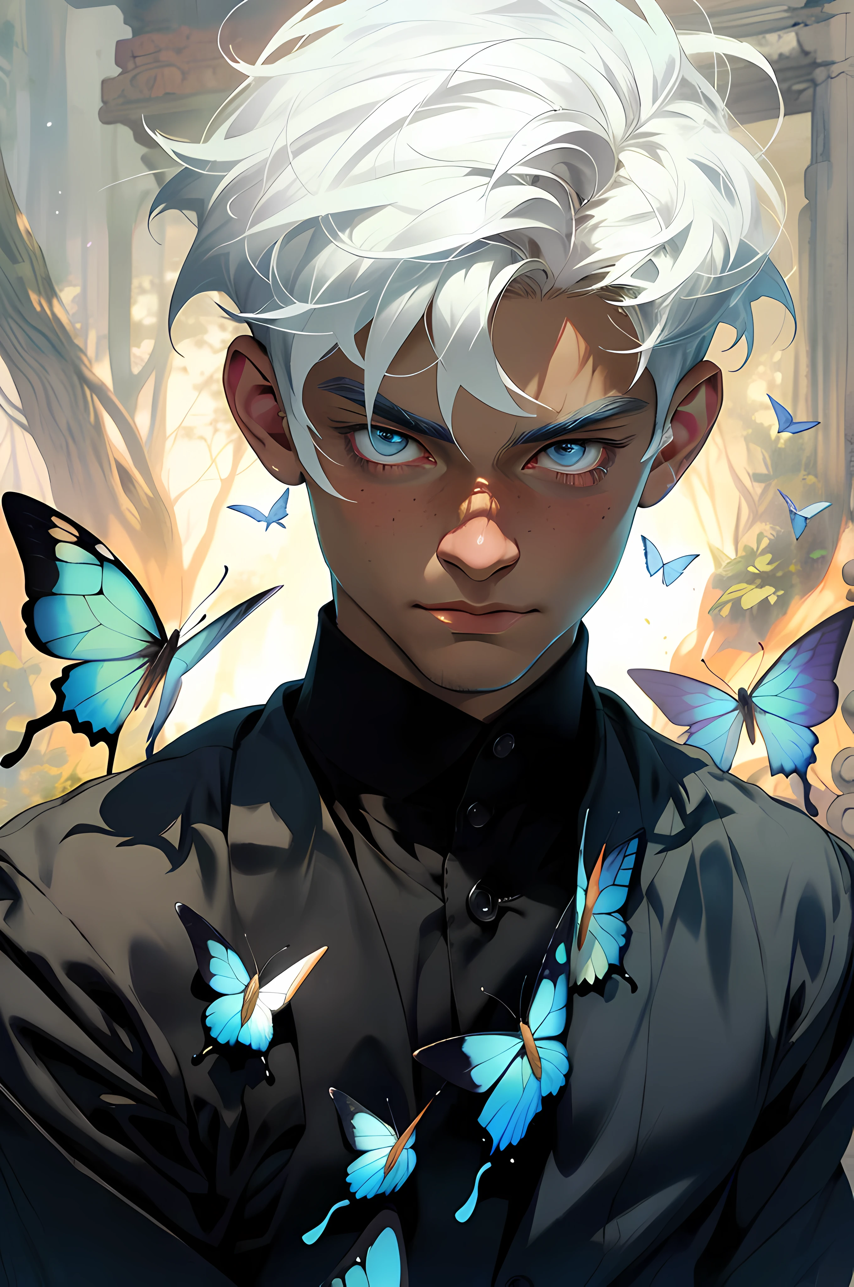 Realistic, (masterpiece, top quality, best quality, official art), very detailed, colorful, most detailed, gods, short hair, white hair, mysterious, (magic), handsome man, butterfly