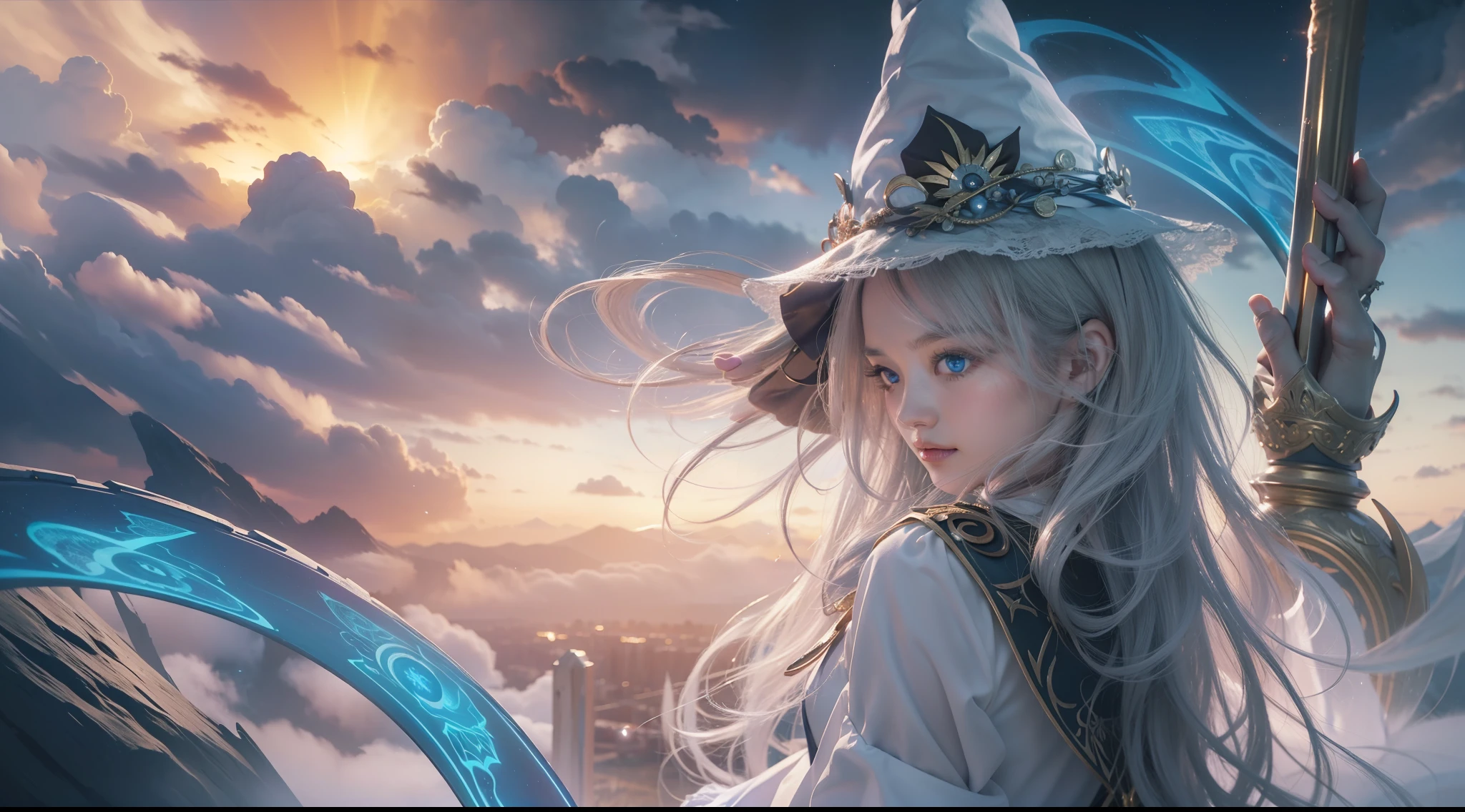 Above the rising clouds,Night, Dark, (Fantasy),infinite,deep blue sky,The abyss of knowledge,Cowledge,((masutepiece)), (((Best Quality))),((Beautiful fine eyes)),(Eye lashes)、Realistic clouds、Very beautiful face、The ultra -The high-definition、high fantasy castle、Beautiful girl with a huge golem、(1人)、Black hair、The long-haired、abyss eyes、glowy skin、oils、small tits、Perfect human body structure、Wizard robes、der riese、tattered cloth、Realistic coat、Tee、Super delicate CG Unity 32k wallpaper、photoRealstic、masterpiece, ((ultra-detailliert)), ((illustratio)),colourfull,wall-paper,The energy,Unknown terror,Incomprehensible,Around the magic,Magical surroundings,magic wands,Boken,Flying pages,Know everything,Predict the future、Get to know the past、Infinite wisdom、blue flames、Warlock、magic circles、Pentagram、Spells、mantra、Singing magic