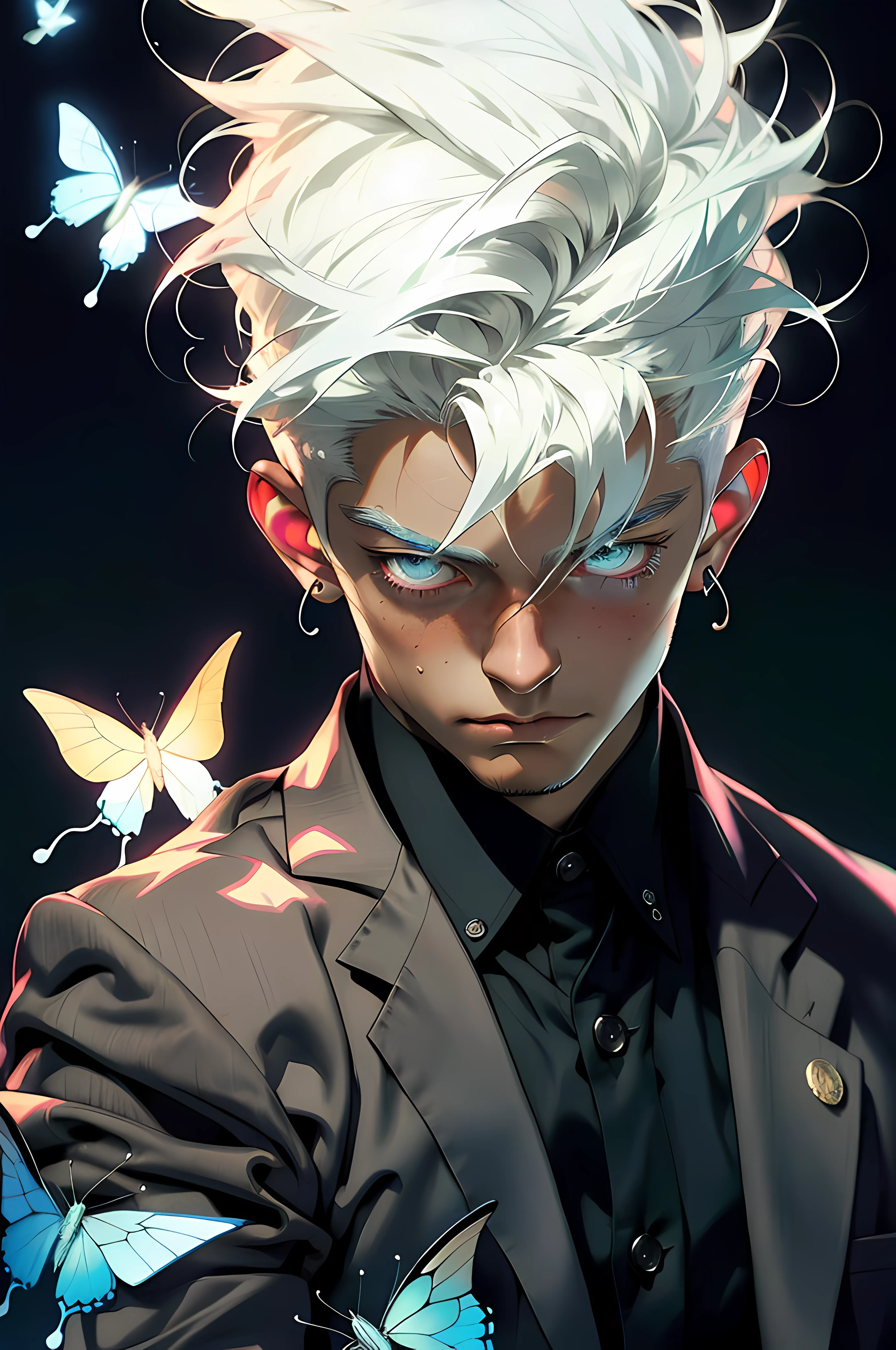 Realistic, (masterpiece, top quality, best quality, official art), very detailed, colorful, most detailed, gods, short hair, white hair, mysterious, (magic), handsome man, butterfly