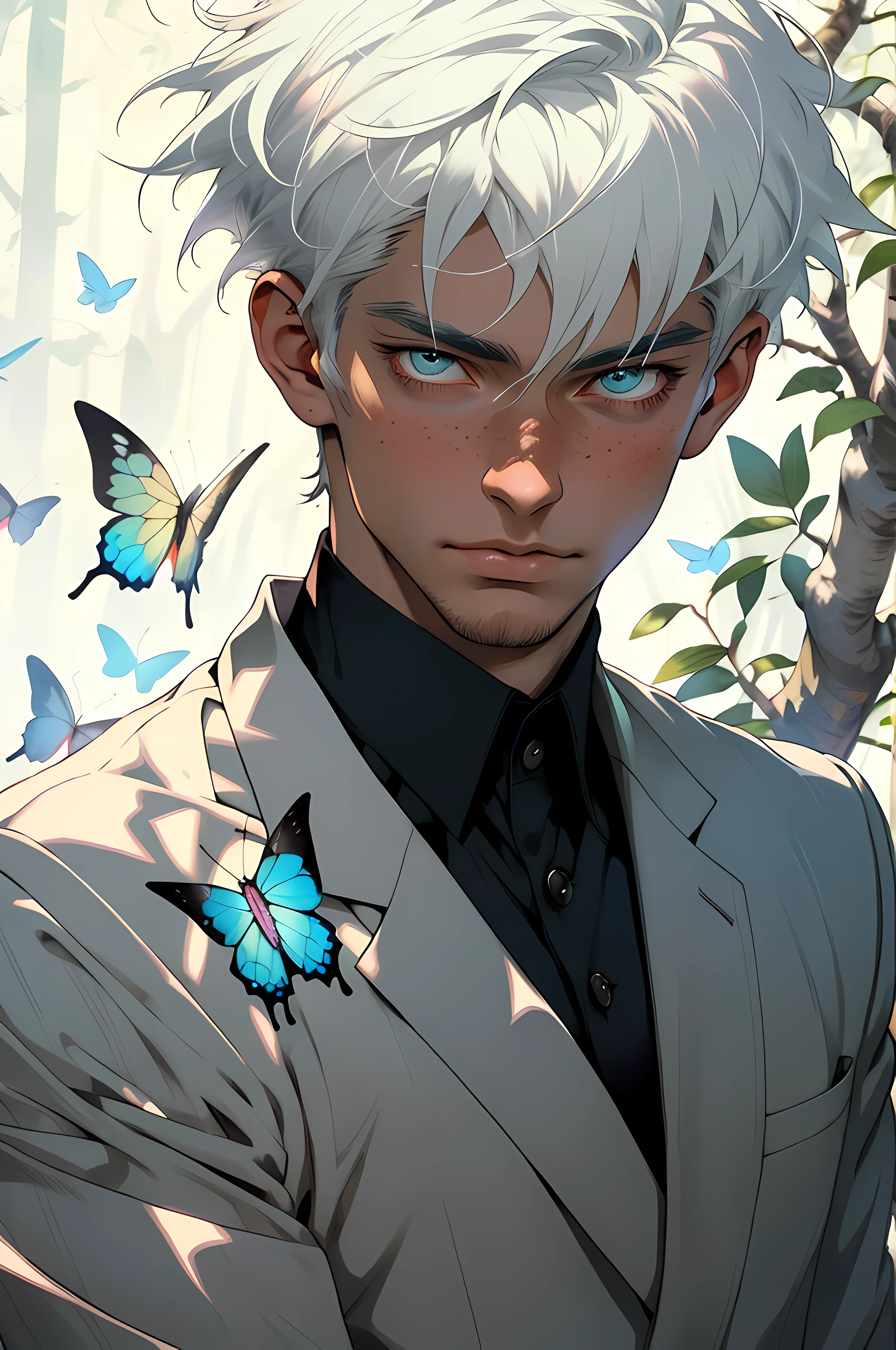 Realistic, (masterpiece, top quality, best quality, official art), very detailed, colorful, most detailed, gods, short hair, white hair, mysterious, (magic), handsome man, butterfly