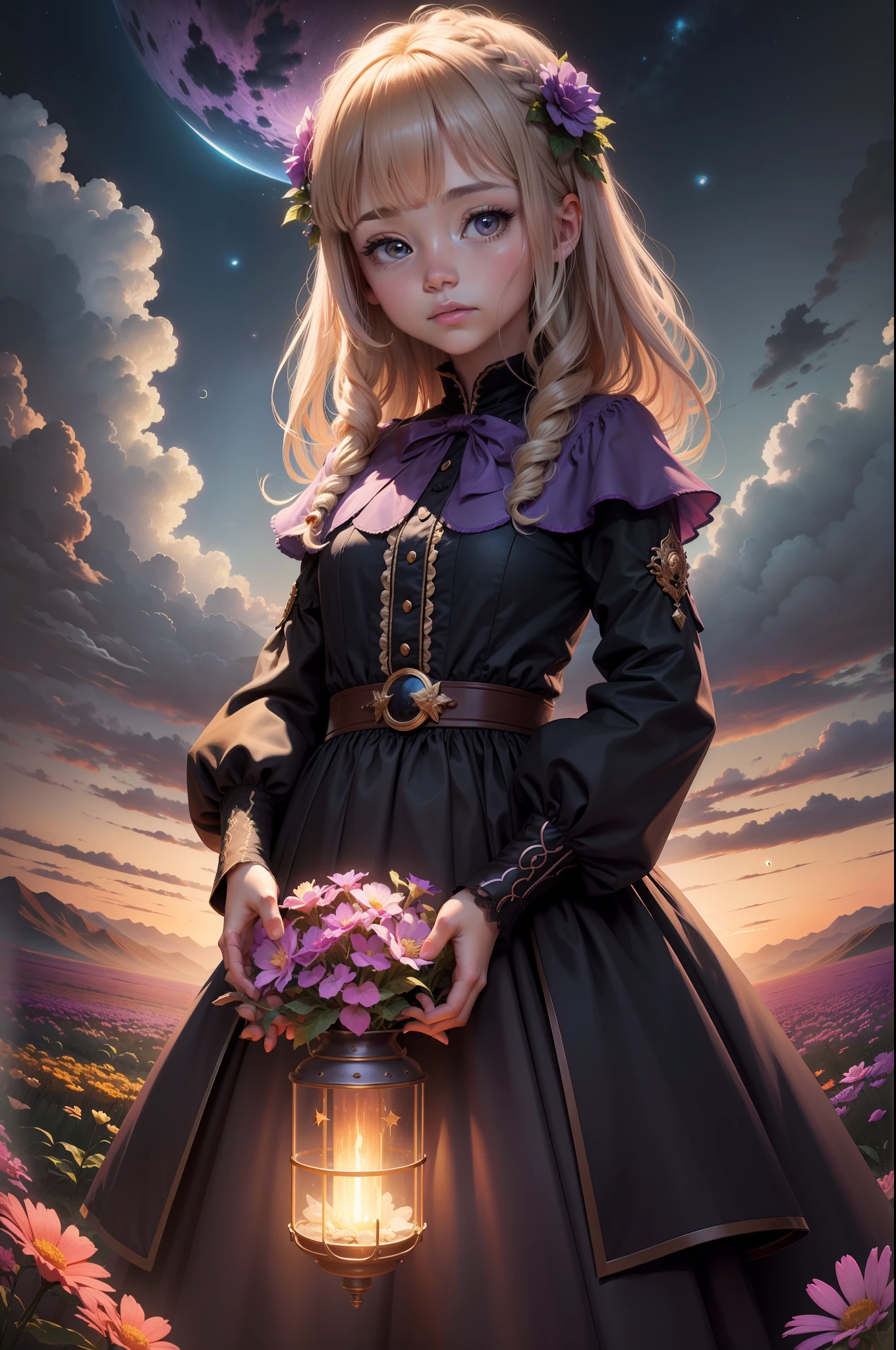 Expansive landscape photograph,(look from down,Above is the sky,Below are open fields),A girl standing on a flower field looking up,Double Moon(moon full:1.2),(meteors:0.9),(Starcloud:1.3),Far Mountain, Tree BREAK making art,(Warm light source:1.2),(glowworm:1.2),lamp lights,Lots of purple and orange,Complicated details,Volumetric lighting BREAK(tmasterpiece:1.2),(best qualtiy),4k,ultra - detailed,(dynamic compositions:1.4),detail-rich,plethora of colors,(Irridescent color:1.2),(with light glowing,Atmospheric lighting),dream magical,magical,(独奏:1.2)