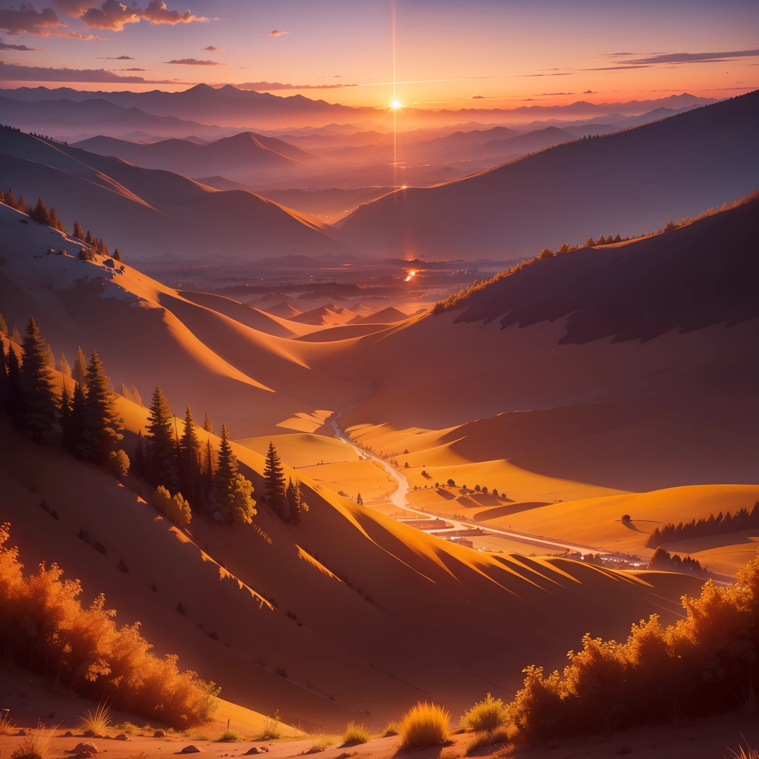 Sunset, valleys, evening glow, distant view, realistic, rich colors, gorgeous and colorful, wide-angle lens, naturalistic style, high-definition filming.