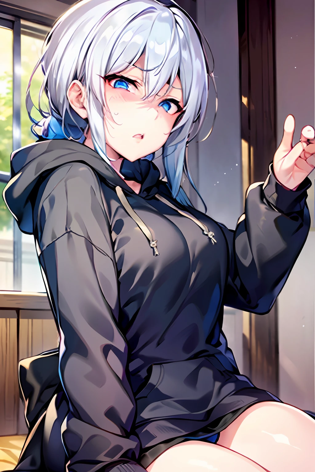 Yukino, Silver hair and eyes in a black hoodie, anime visual of a cute girl, screenshot from the anime film, & her expression is solemn, ahegao face, in the anime film, in an anime, anime visual of a young woman, she has a cute expressive face, still from anime