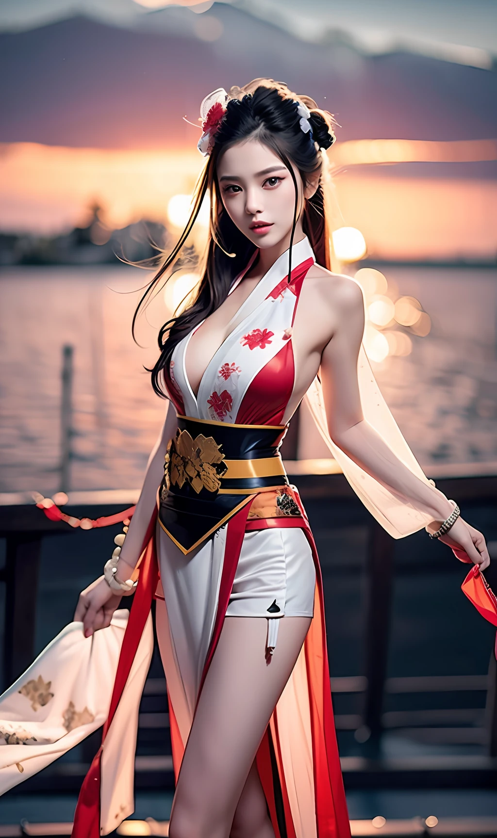 Transparent Hanfu,E cup chest,Expose cleavage,In the sunset,long and flowing hair,Delicate face,Full body like,The footsteps have anklets,The blouse is taken off to the chest, exposed,Waist exposed,Seductive eyes