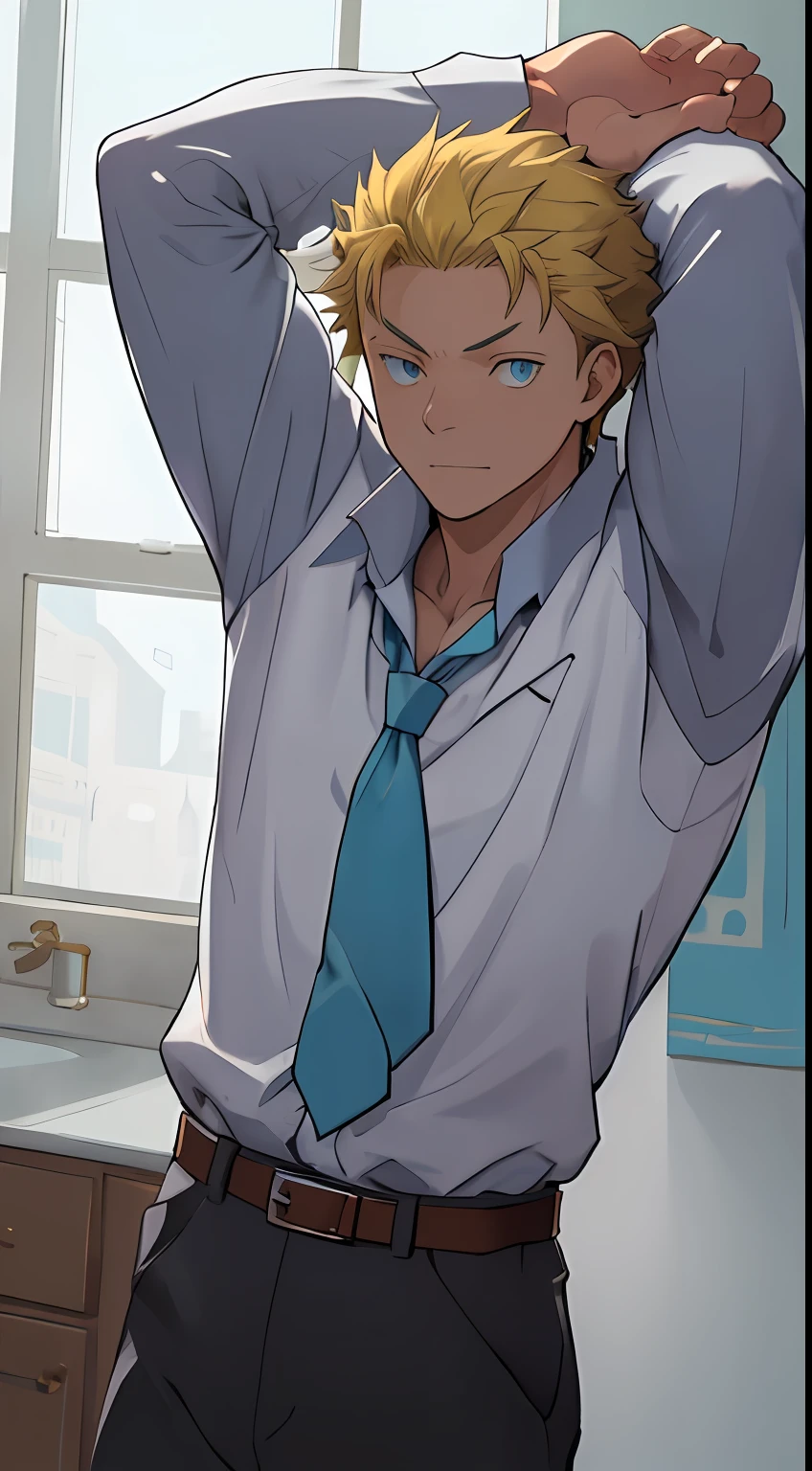 （1 Adult male），A high resolution， Sharp focus， Pixiv masterpiece， （（Complicated details））， highly  detailed， natsuki_subaru， 1 man， Lazy，full bodyesbian，Stretch out， blue color eyes（eyes glowing）， Short yellow hair，white  shirt，Wear a tie，Wear a belt，perspire，look from down