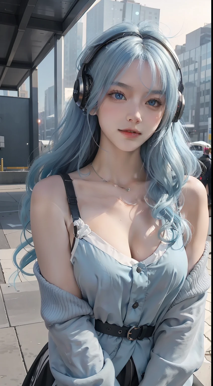 one-girl，Long light blue hair slightly curly，lewd poses，High temperament and coldness，Messy long hair，blue color eyes，Long white eyelashes，Bring headphones，The mouth is closed，No teeth exposed，Rainbow，cyber punk perssonage，The environment is simple，Meticulous facial features，8K，hyper HD，the detail（1：2），cinematric light，warm lights，looking at viewert，鎖骨，Shoulders exposed，Blackn clothes，复杂，Rich in graphics，mizore，真实感