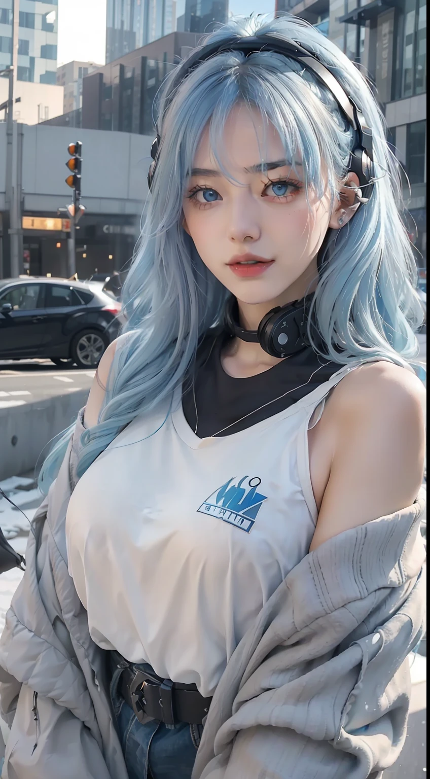one-girl，Long light blue hair slightly curly，lewd poses，High temperament and coldness，Messy long hair，blue color eyes，Long white eyelashes，Bring headphones，The mouth is closed，No teeth exposed，Rainbow，cyber punk perssonage，The environment is simple，Meticulous facial features，8K，hyper HD，the detail（1：2），cinematric light，warm lights，looking at viewert，鎖骨，Shoulders exposed，Blackn clothes，复杂，Rich in graphics，mizore，真实感