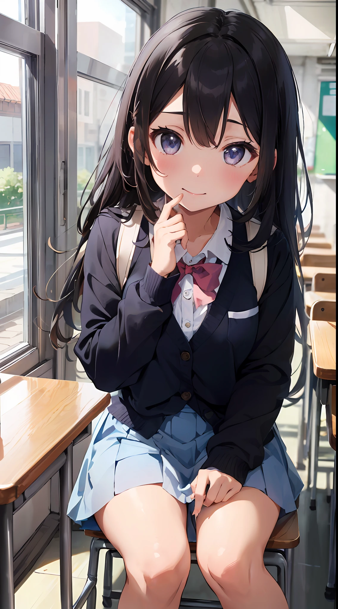 Masterpiece to the smallest detail、top-quality、realisitic、1girl in、独奏、18year old、Looks like 5 years old、140cm petite beautiful girl、small tits、5 year old baby face、Silky hair、Gradient bob in the forward、Pink and violet mesh、Tall, big eyes、Outstanding looks、A lovely child、proximity、closed_mouth、a smile、red blush、full of shyness、blue headwear、Hats、pink bowtie、校服、 Blue Blazer、blazers、Pretz skirt、grey skirt、Silk blouse、White blouses、an legs、Black socks、sitting on、Classroom、hair_ornament、looking_at_viewer、beatiful detailed eyes、Realistic eyes、panties on、unclear、Professional effects、unclear、Enhanced elegance、Innocent、wretched、maidennurse