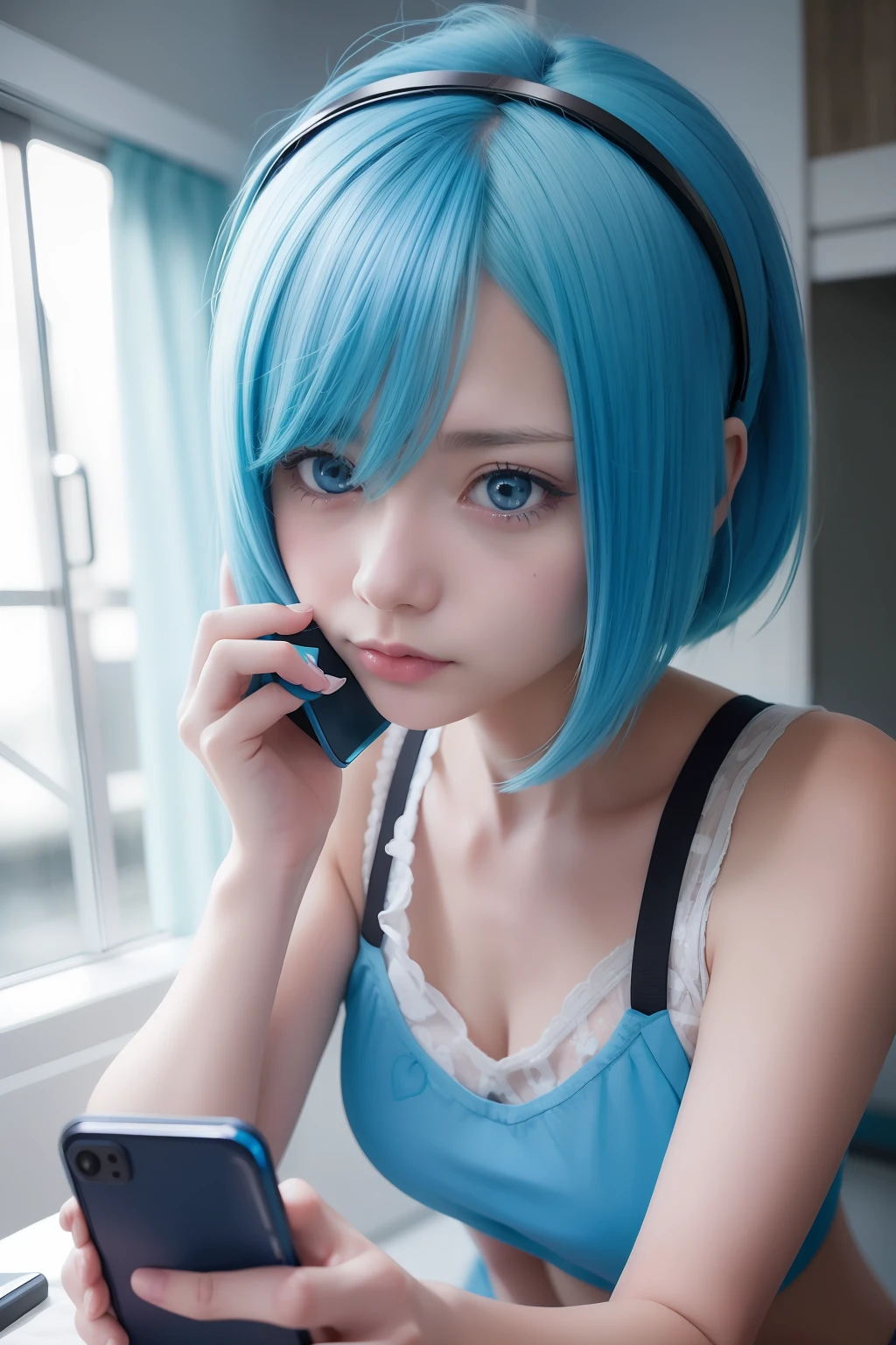 Anime character with blue hair and blue eyes holding mobile phone, Top Rated on pixiv, pixiv, popular on pixiv, In pixiv, Pixiv Contest Winner, pixiv daily ranking, pixiv 3dcg, pixiv style, featured on pixiv, trending in pixiv, pixiv trending, Digital art at Pixiv, 2 d anime style