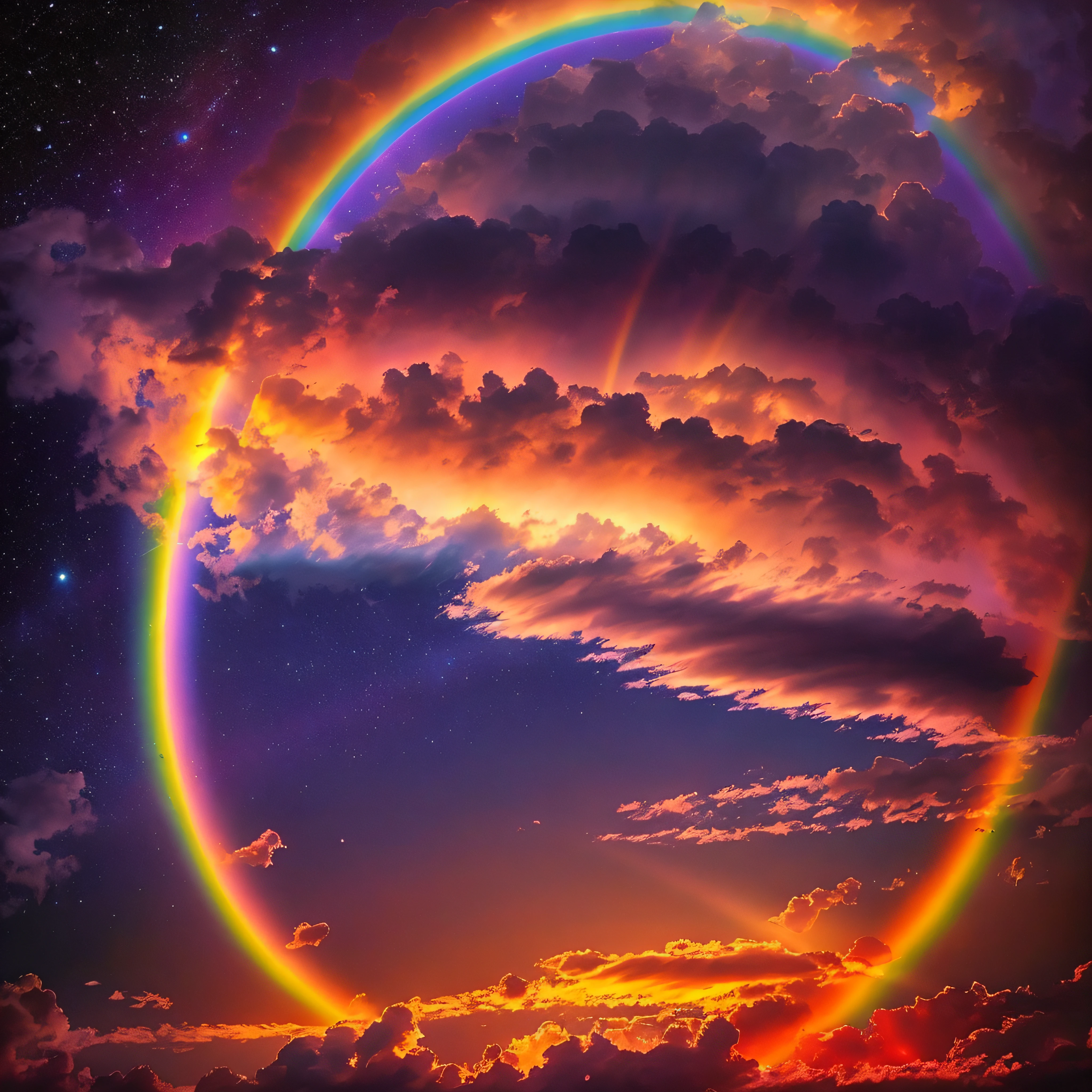 There is a rainbow in the sky with clouds and a rainbow, ringed planet in the sky, planet in the sky, magic portal in the sky, surreal mystical atmosphere, bright nacle clouds, ring in the sky, psychedelic sky, eclipse exuberante e colorido, Psychedelic clouds, planet with rings, atmospheric fantasy sky, circular planet behind it, atmospheric halos of the parhelion