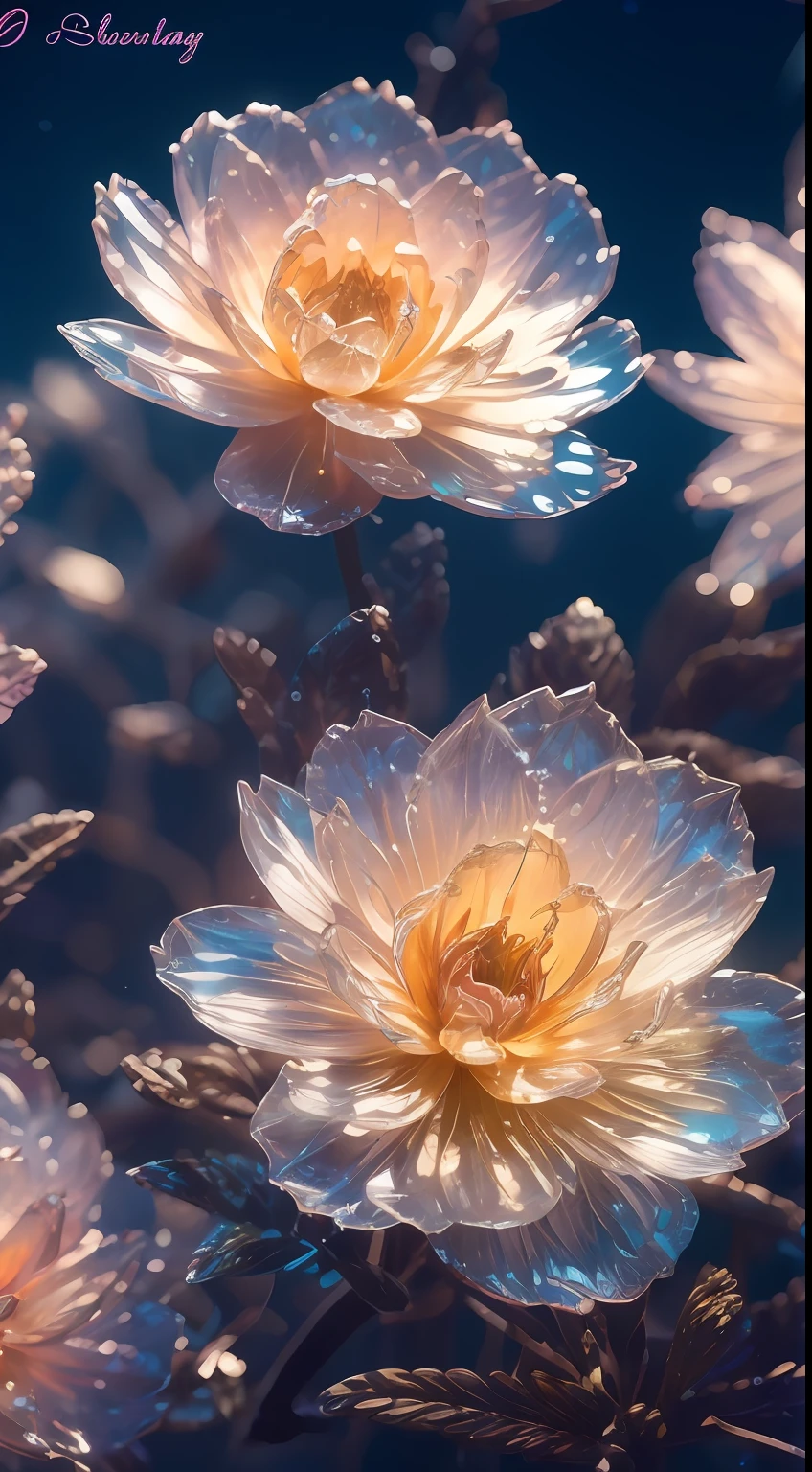 crystal blossom flower,
fantasy, galaxy, transparent,
shimmering, sparkling, splendid, colorful,
magical photography, dramatic lighting, photo realism, ultra-detailed, 4k, Depth of field, High-resolution