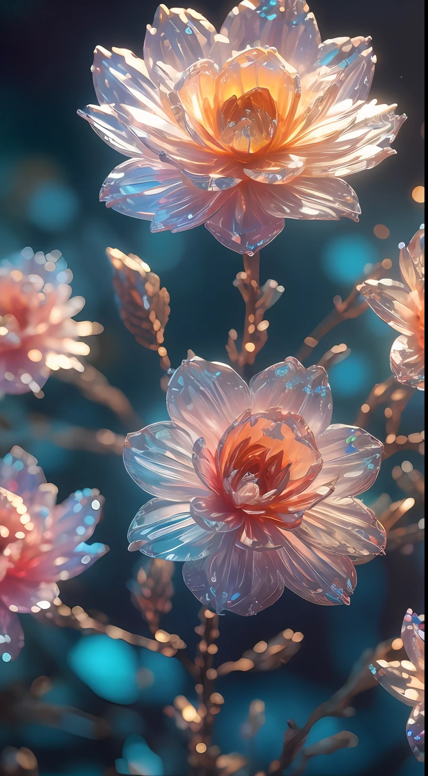 crystal blossom flower,
fantasy, galaxy, transparent, 
shimmering, sparkling, splendid, colorful, 
magical photography, dramatic lighting, photo realism, ultra-detailed, 4k, Depth of field, High-resolution