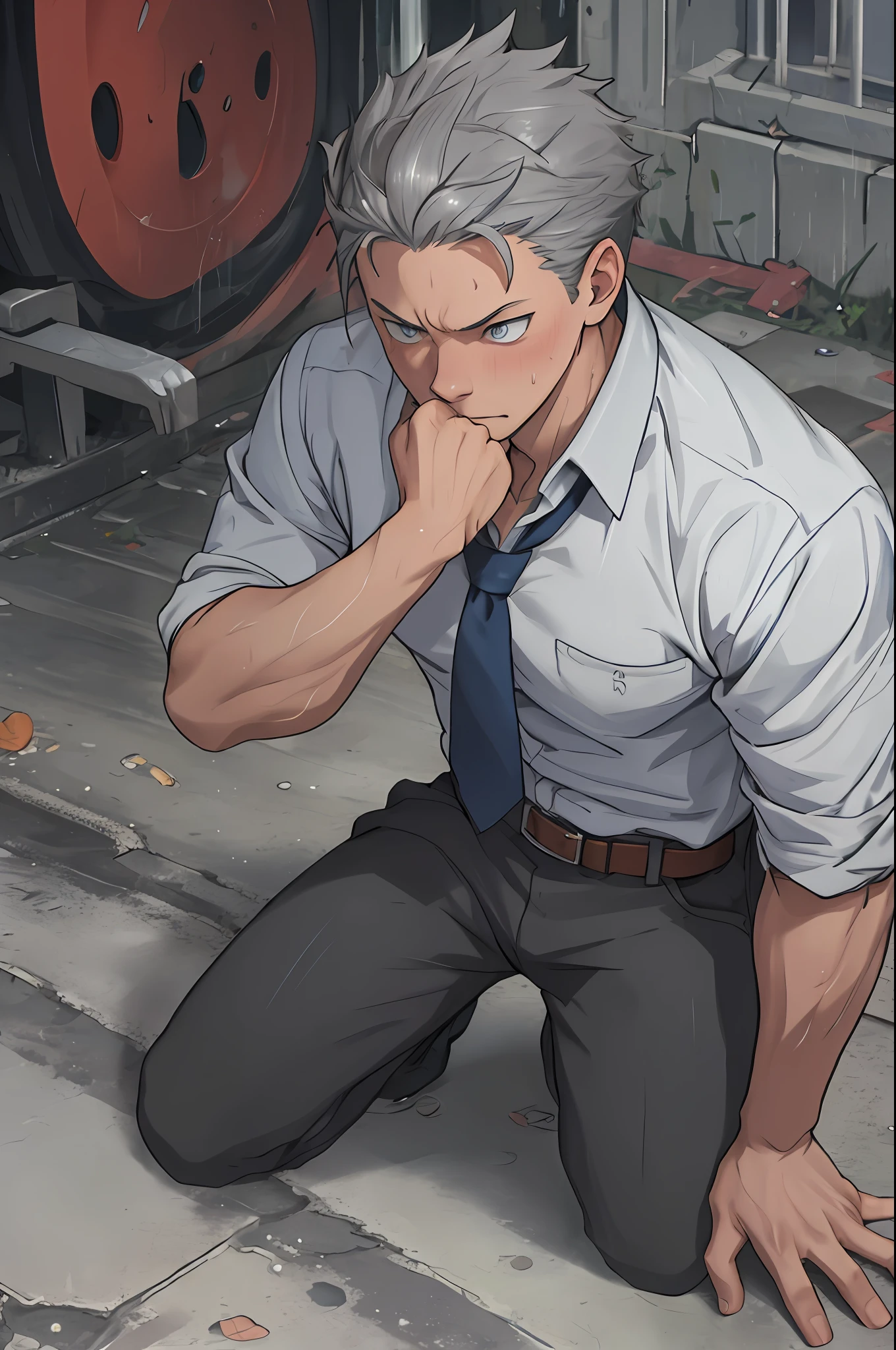 (1 Adult male),A high resolution, Sharp focus, Pixiv masterpiece, ((Complicated details)), highly detailed, natsuki_subaru, 1 man,Defeat, crestfallen,full bodyesbian,kneels on the ground, Sweaty crotch,Drenched,rain,The shirt is soaked,(A gesture of pleading),blue color eyes(eyes glowing), Short gray hair,white shirt,Wear a tie,Wear a belt,perspire,look from down