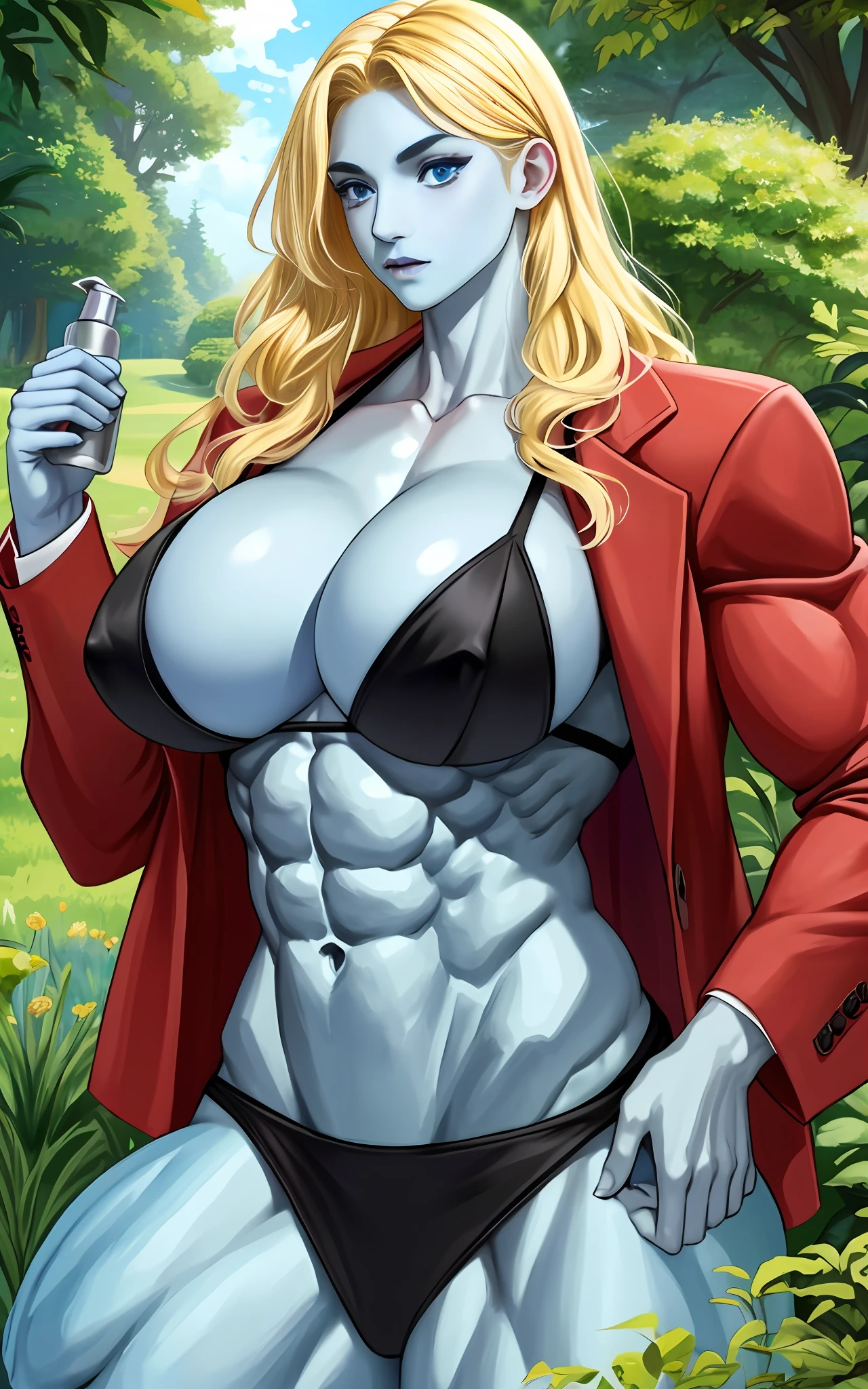 (1girll), huge tit, Breasts, Conque, Moisturizes skin, ,trpical garden , blazer jacket, s girl,realistic illumination,top Quority,8K,tmasterpiece,Muscular female,Muscular,Abs,(Blonde hair), (Blue skin:1.4),