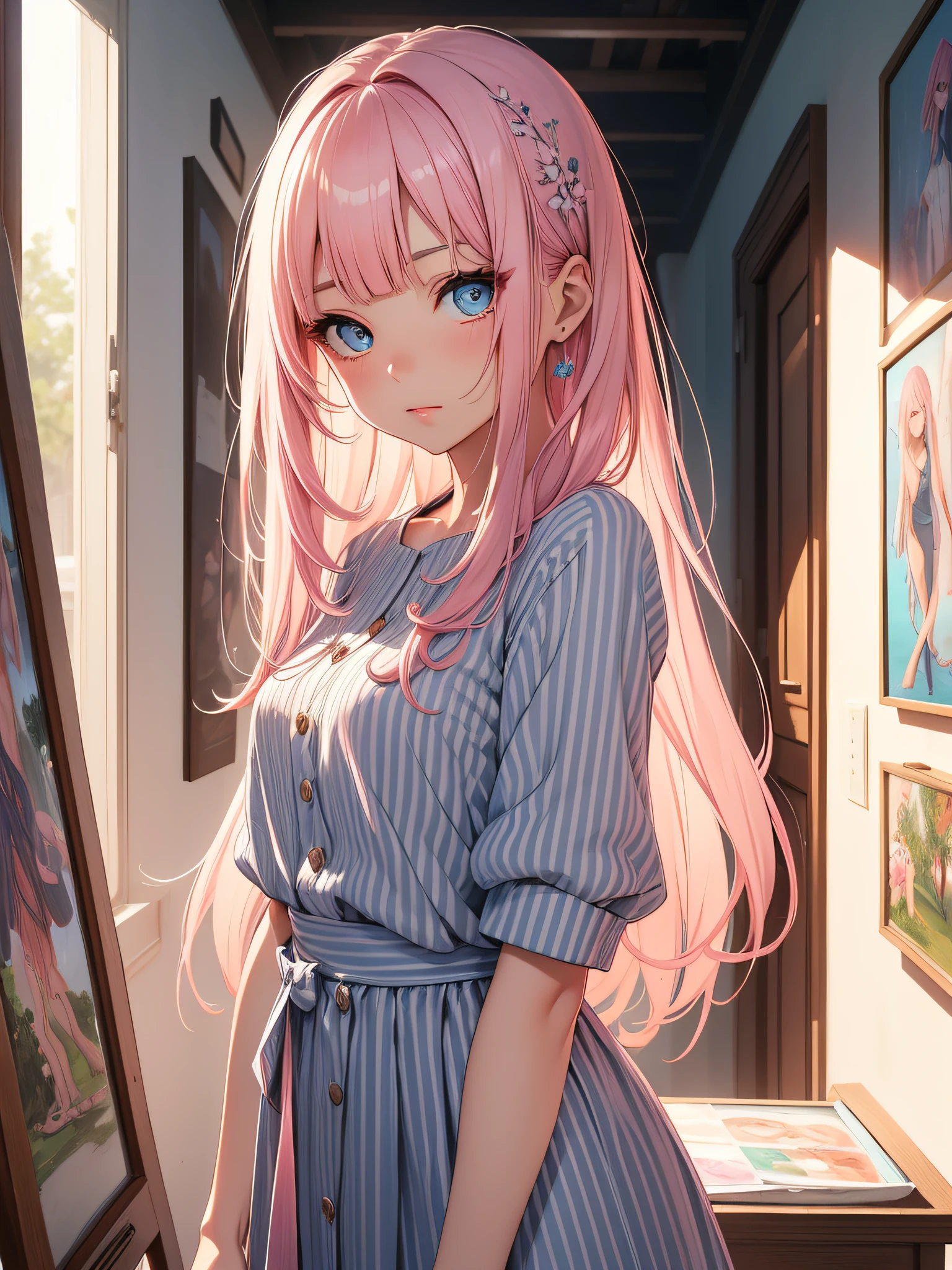 Top quality ultra-detailed CG art、Upper body naked、Pupils：１.２）、Pink head、Glossy hair、smooth hair、large blue eyes,Mid summer、Delicate body、cheerful girl、Tying hair、、bob cuts、vertical stripes、Art Room、Painting、student clothes、shortsleeves