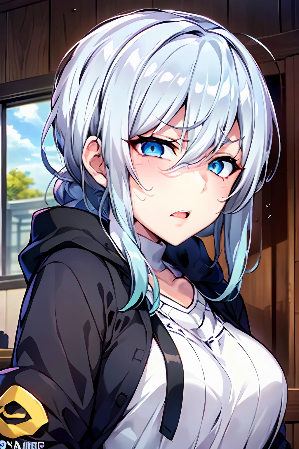 Yukino, Silver hair and  eyes in a black hoodie, anime visual of a cute girl, screenshot from the anime film, & her expression is solemn, ahegao face, in the anime film, in an anime, anime visual of a young woman, she has a cute expressive face, still from anime