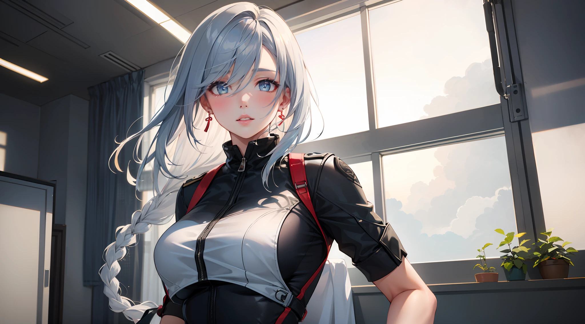 office girl, office clothes, upper body, seductive look, blush, indoors, in office, looking at viewer, cloudy, moody lighting, (perfect detail eyes:1.2), glowing eyes, (long hair one braid:1.2), elemental skill effect, (Masterpiece, Best Quality, High Quality:1.4), professional artwork, Intricate Details, field of view, sharp focus, detailed painting, photorealistic lighting, trending on pixiv, (vivid lighting, vibrant colors:1.05), realistic shadows, ambient occlusion, (athletic body:1.3), mature woman, 30yo, shenhe
