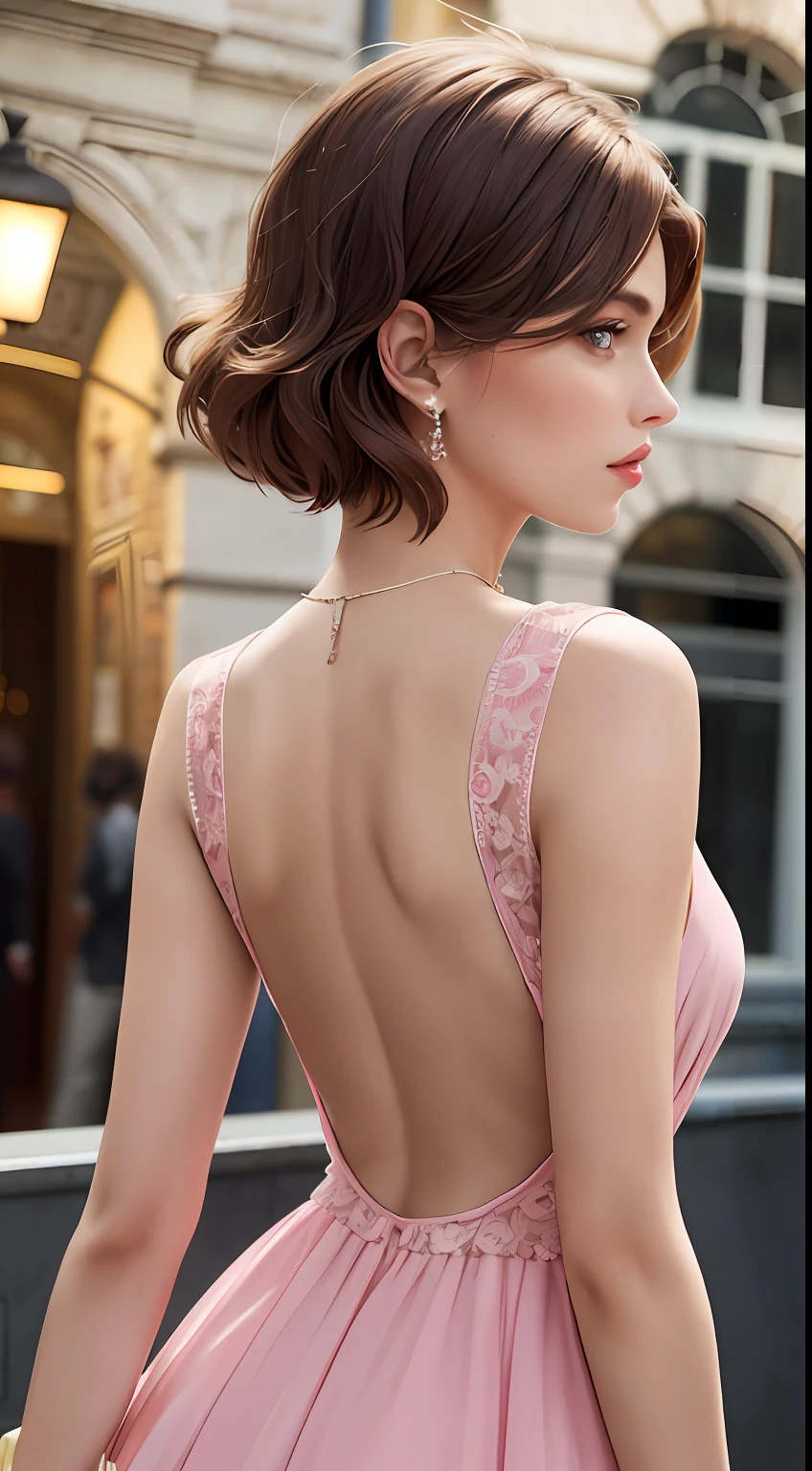 European and American women, A fashion model, Wearing a pink dress with an open back, Glamour, paparazzi taking pictures of her, short detailed hair, Brown eyes, 8K, High quality, Masterpiece, Best quality, k hd, Extremely detailed, voluminetric lighting, Photorealistic