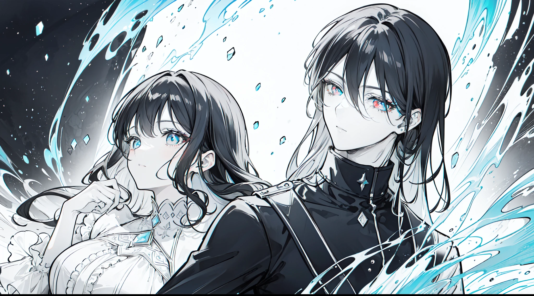 "4k monochromatic romantic fantasy scene: mature couple embracing tenderly. The man with black hair and red eyes, and the woman with elegantly long black hair and mesmerizing blue eyes. (Monochromatic:1:1, ultra hd, 4k)"