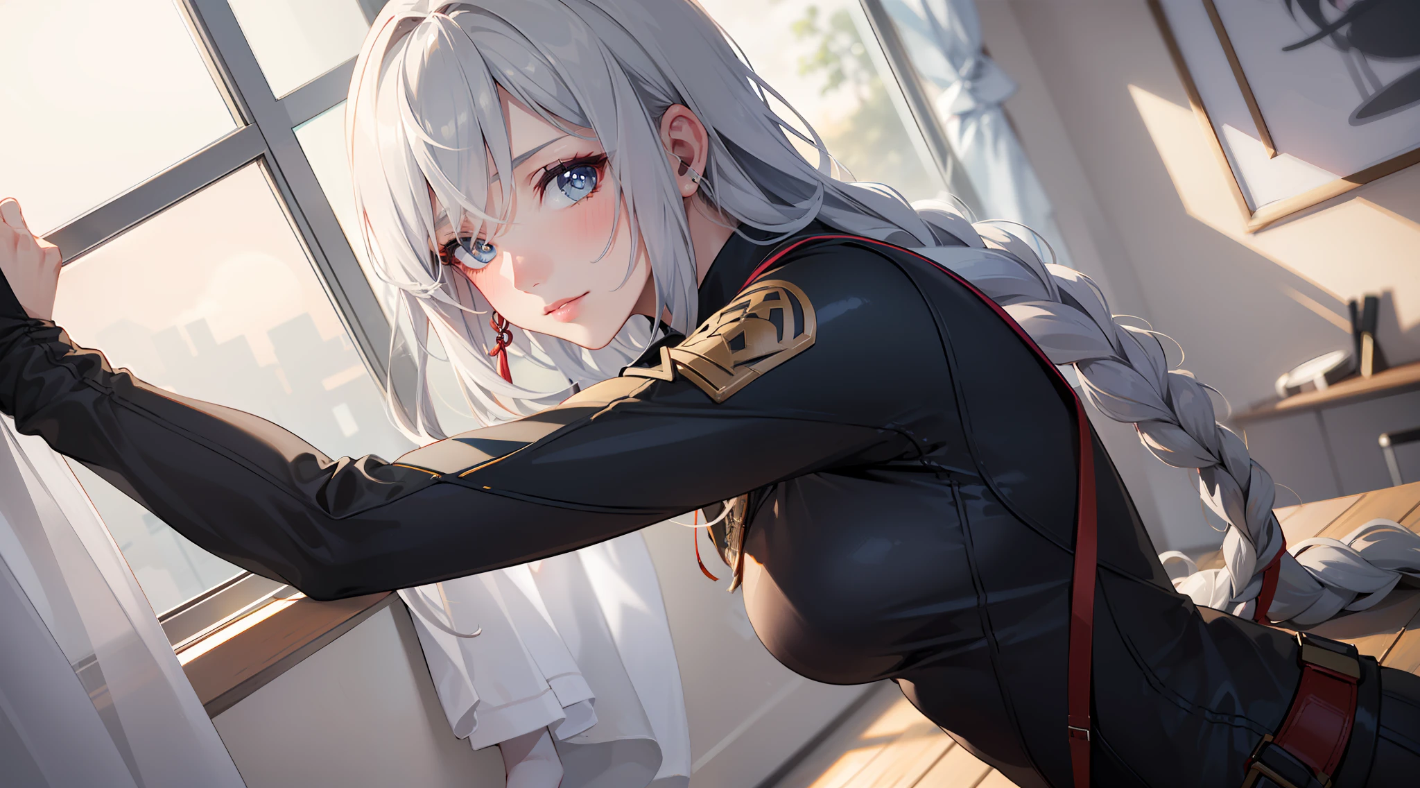 office girl, office clothes, upper body, seductive look, blush, indoors, in office, looking at viewer, cloudy, moody lighting, (perfect detail eyes:1.2), glowing eyes, (long hair one braid:1.2), elemental skill effect, (Masterpiece, Best Quality, High Quality:1.4), professional artwork, Intricate Details, field of view, sharp focus, detailed painting, photorealistic lighting, trending on pixiv, (vivid lighting, vibrant colors:1.05), realistic shadows, ambient occlusion, (athletic body:1.3), mature woman, 30yo, shenhe