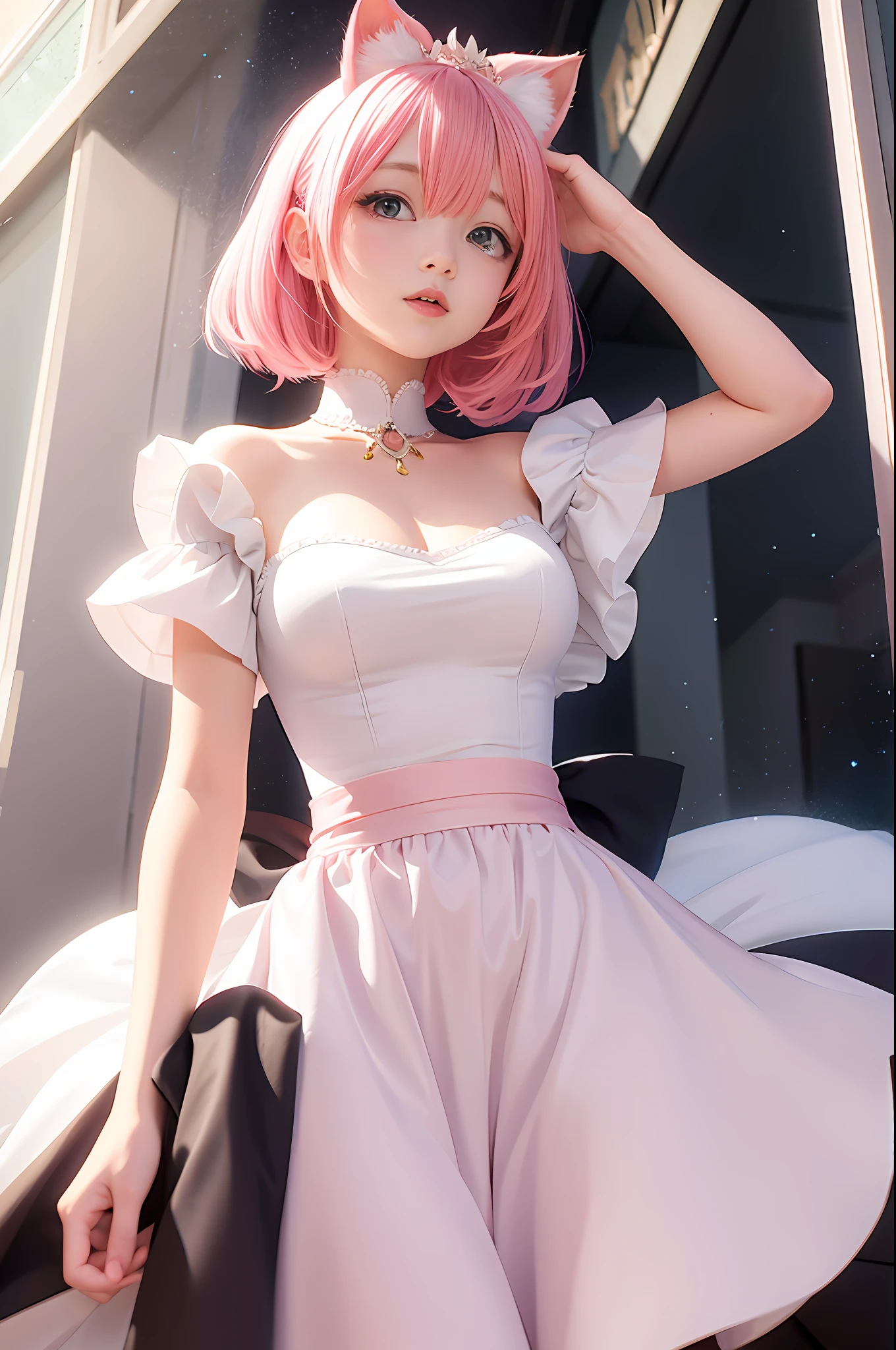 there is a woman with pink hair and a white dress, Anime style mixed with Fujifilm, amy sol in the style of, anime-inspired, cute girl with short pink hair, white hime cut hairstyle, flowing sakura silk, with pink hair, in dress, taken with canon 8 0 d, cosplay of a catboy! maid! dress, Anime girl in real life