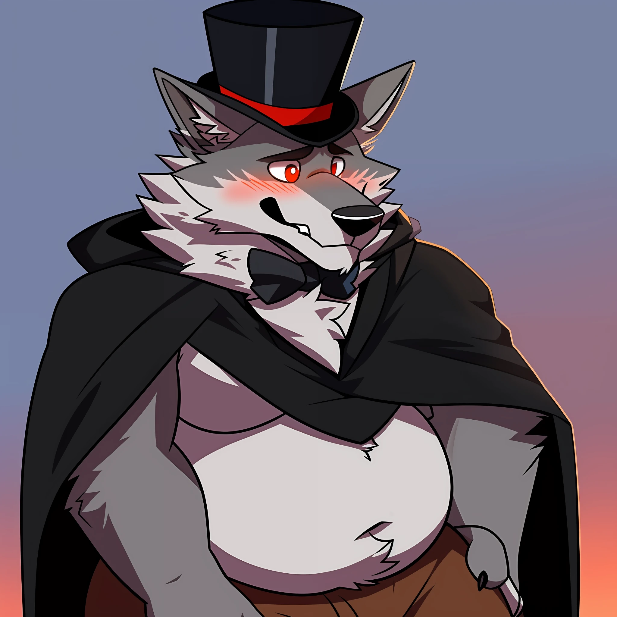 male, solo, anthro, (Deathwolf), (grey body), cloak, (slightly chubby), nervous, detailed lighting, blushing, (chest tuft), (wolf, top hat), bowtie, stressed, (brown pants), (worried eyes), (looking to the side)