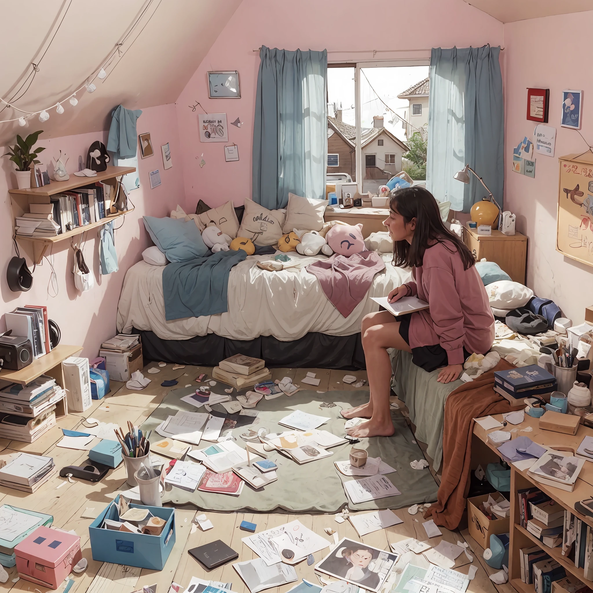 there is a drawing of a woman sitting in a messy room, in a bedroom, messy room, in a room, inside a messy room, in my bedroom, in her room, in an attic, chaotic teenage bedroom, sitting in her room, messy bedroom, cluttered room, ghostly teenager bedroom, in small room, dirty room, cluttered, a room