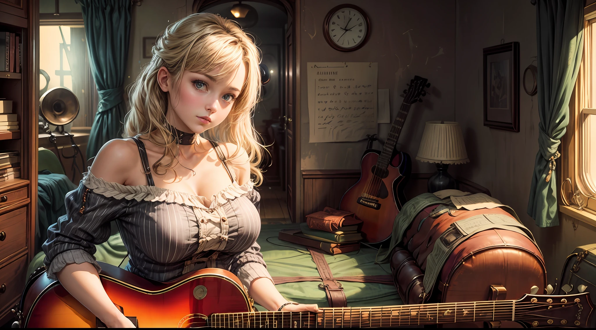 "One sleeve, medium-breasted musician with a guitar body, captured inside a vintage and cozy room.",1 sleeve, with large breasts, guitar body, (inside the plane)
,girl