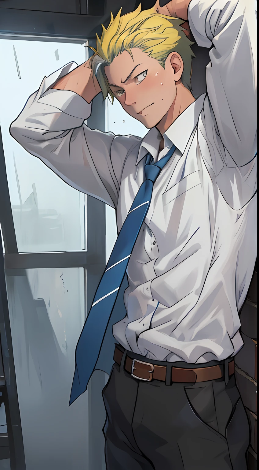 (1 Adult male),A high resolution, Sharp focus, Pixiv masterpiece, ((Complicated details)), highly detailed, natsuki_subaru, 1 man, Lazy,laughingly,full bodyesbian,Stretch out, blue color eyes(eyes glowing), Short yellow hair,white shirt,Wear a tie,Wear a belt,perspire,Rain,Drenched,Sweaty crotch,look from down