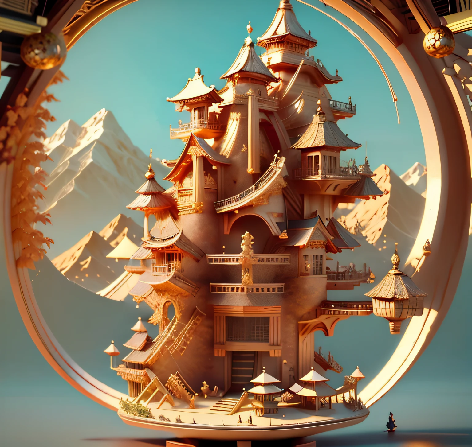 samurais,swell sea,Mountains,Pavilions,a warm color palette,3D