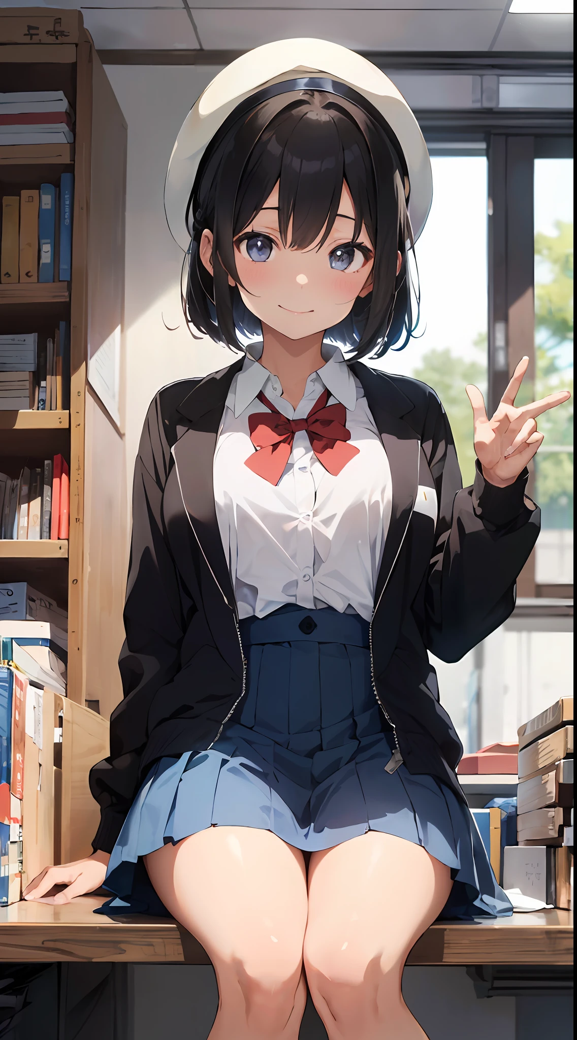 Masterpiece to the smallest detail、top-quality、1girl in、独奏、25-years old、170cm、Receptionist、Model body type、perfectbody、Breasts so big that they hang on the floor、130 cm breast、XCup milk、Realistic nipples、Extraordinary Beauty、Hair with silky texture、bob cuts、Two-color mesh、Realistic eyes、Outstanding looks、unclear、proximity、closed_mouth、a smile、red blush、full of shyness、Hats that look good、Hats、pink bowtie、校服、 Blue jacket、jaket、skirt by the、Gray pretz skirt、Cutter shirt、white shirt、an legs、Black socks、sitting on、s Office、hair_ornament、looking_at_viewer、beatiful detailed eyes、Charming gestures、panties on、lift up one's skirt、Professional effects、The gap between the body and the gesture