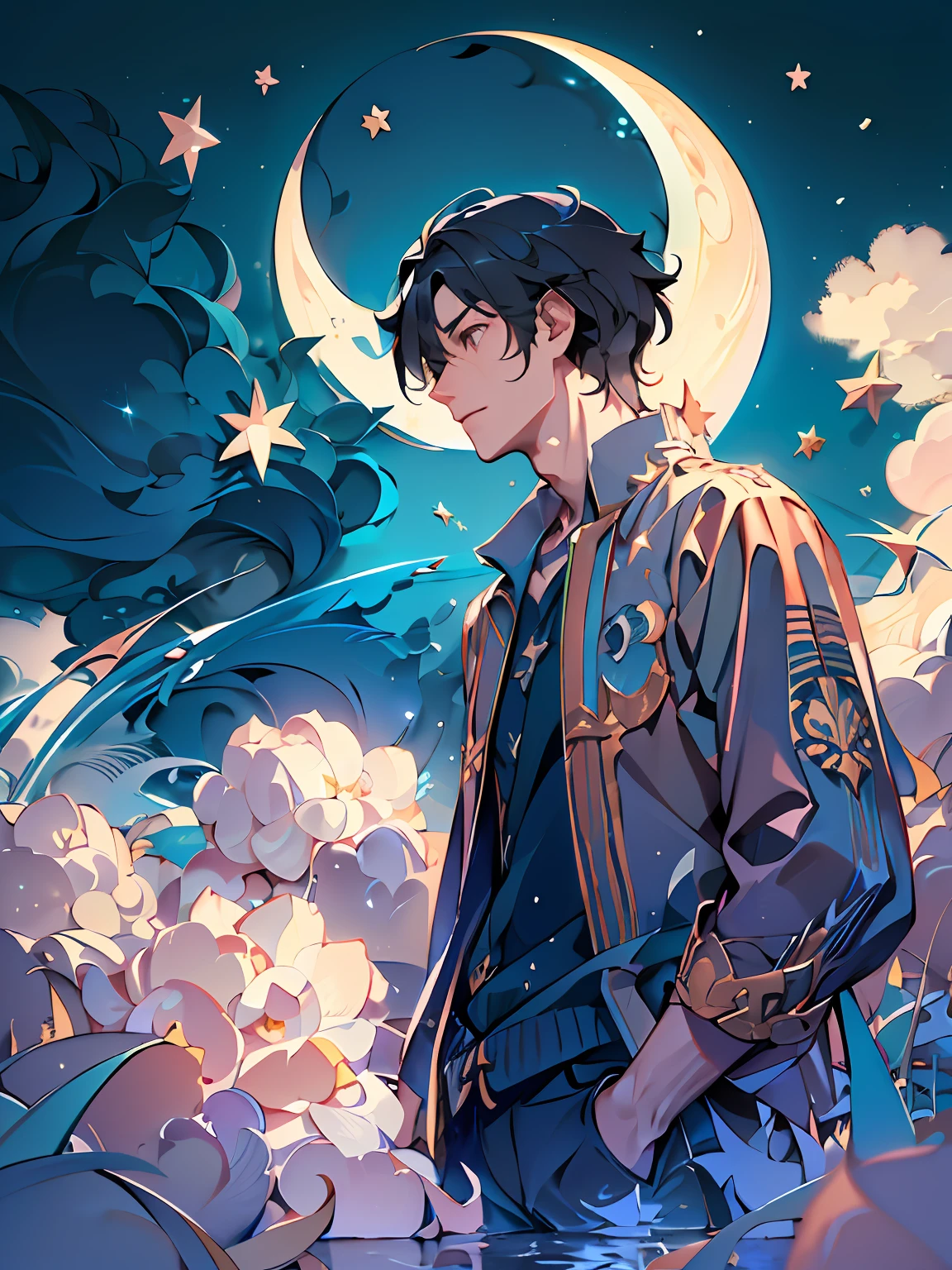 (((masterpiece))),best quality, illustration,  sky, cloud, star \(symbol\),1man, handsome man, night, moon, star \(sky\), night sky, starry sky, vibrant color scheme, Soft light,(warm color:1.2),Water color painting, light background, best quality exquisite details,3d rendering,Octane render, paper_cut