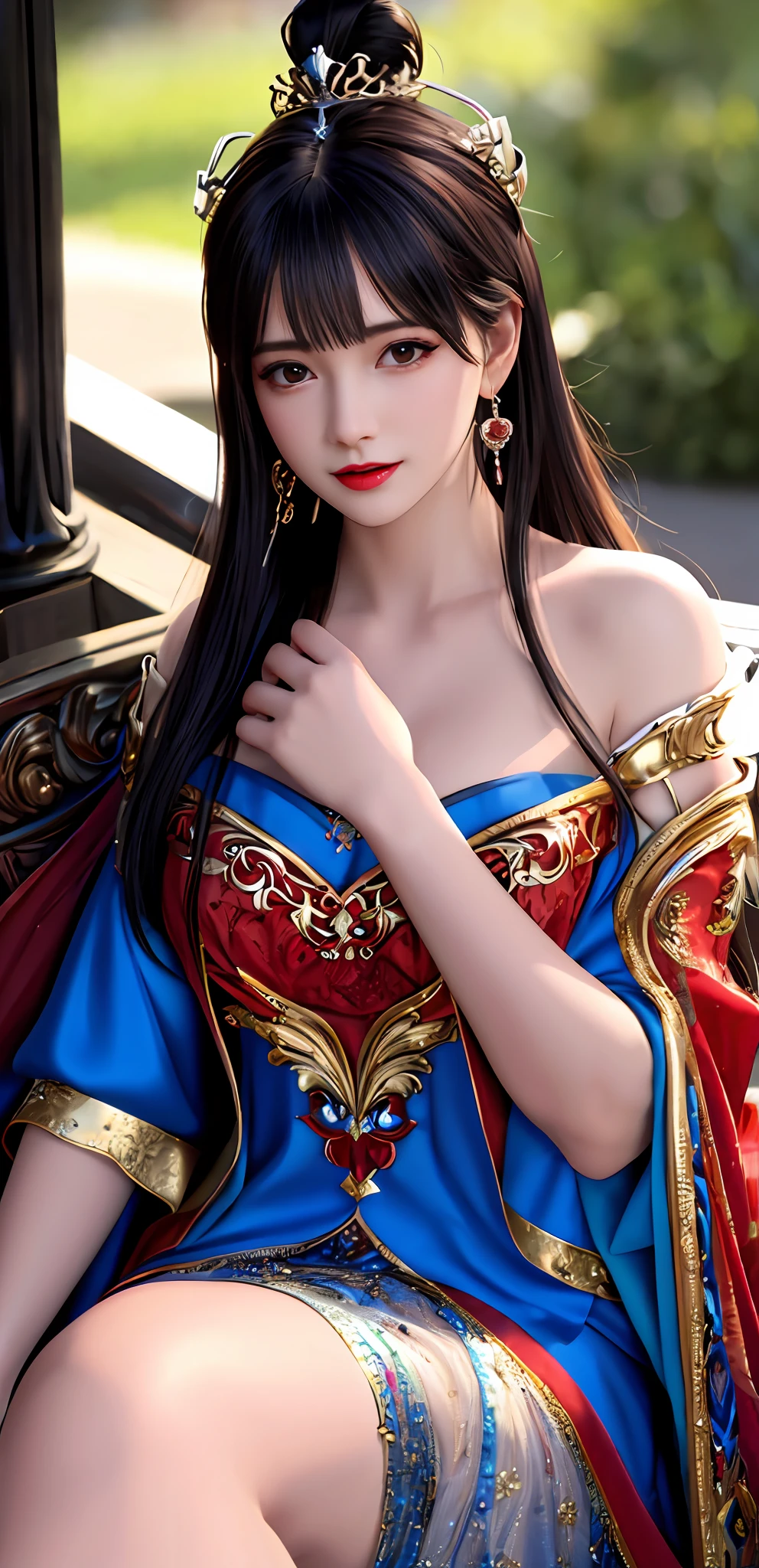 (realisticity: 1.2), best quality, 8K UHD, masterpiece, highres,cg,
1girl, queen, sword, sitting on a royal throne details, luxurious royal palace background, beautiful and detailed, super detailed long hair, wearing a beautiful and luxurious crown with diamonds and super detailed,
dress details,
solo, jewelry, super detailed red and blue dress,
, earrings, super detailed hairdo, splashing, the upper body is very super detailed, super detailed hair bun, super detailed black hair,
lighting,candid,Photograph,high resolution,4k,8k,Bokeh,