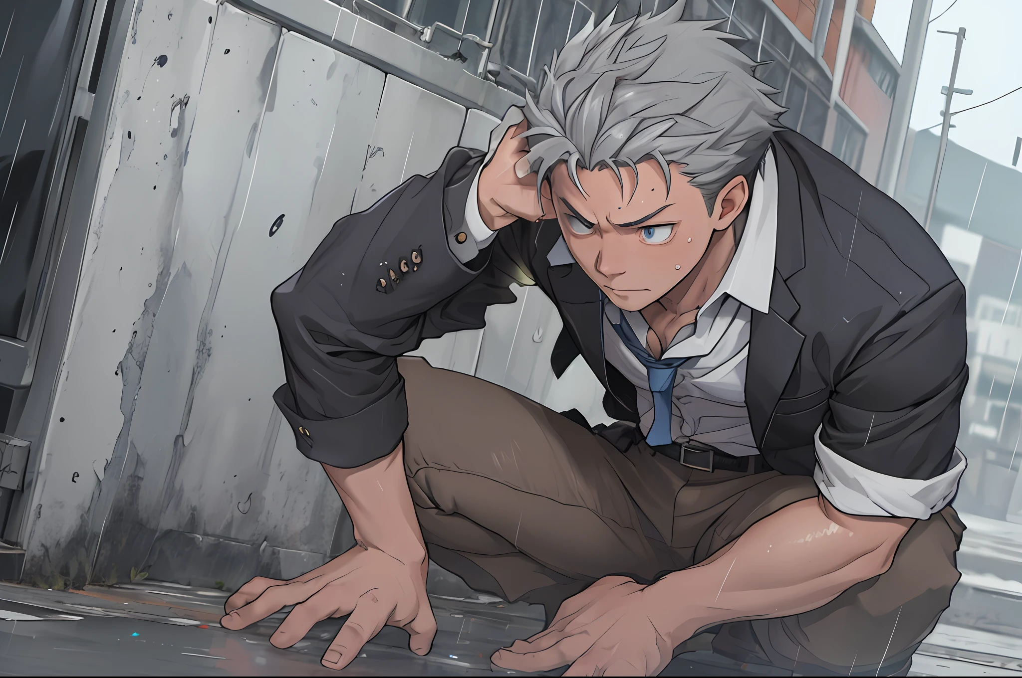 （1 Adult male），A high resolution， Sharp focus， Pixiv masterpiece， （（Complicated details））， highly  detailed， natsuki_subaru， 1 man，Defeat， crestfallen，full bodyesbian，kneels on the ground， Sweaty crotch，Drenched，rain，The shirt is soaked，（A gesture of pleading），blue color eyes（eyes glowing）， Short gray hair，white  shirt，Wear a tie，Wear a belt，perspire，look from down