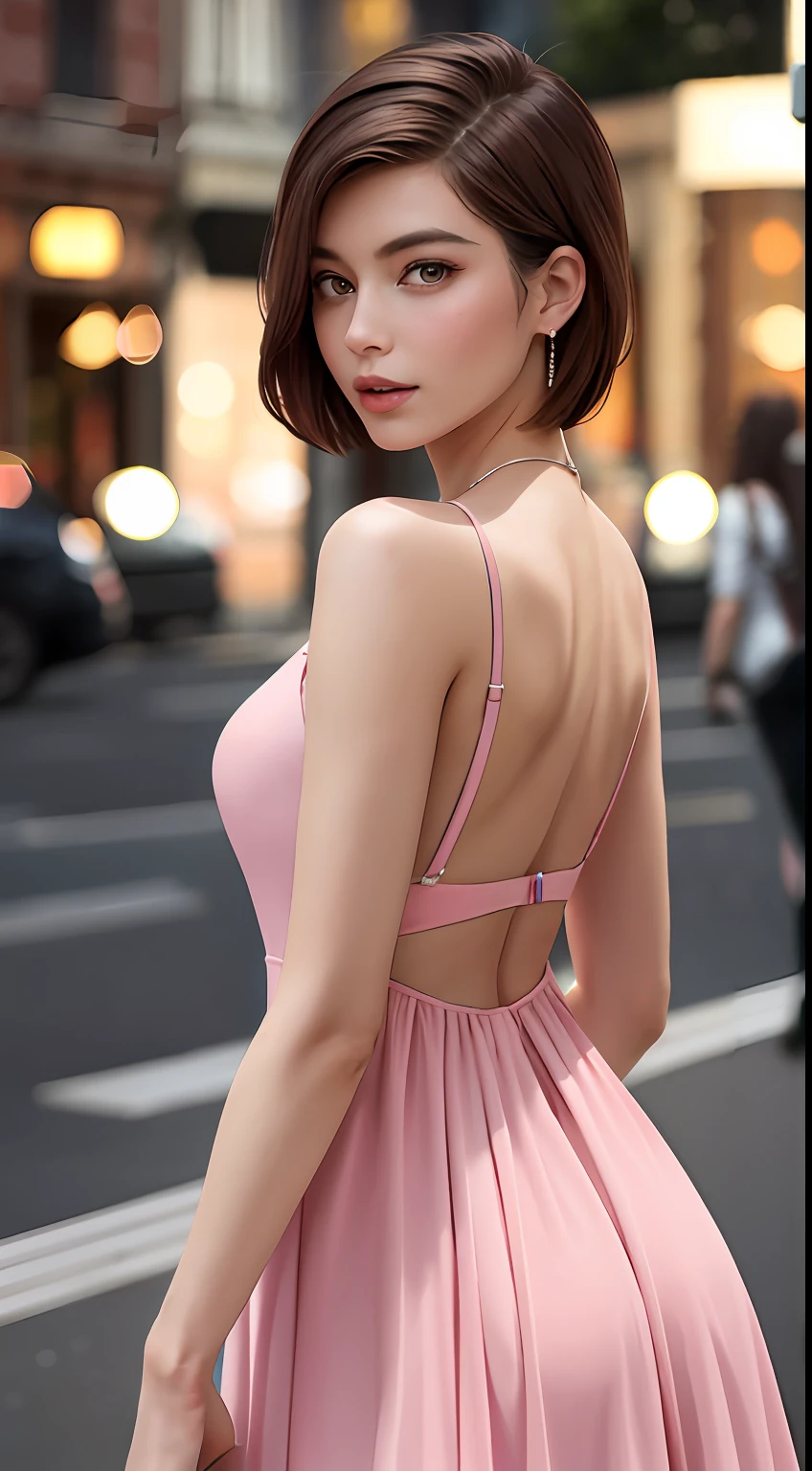 European and American women, A fashion model, Wearing a pink dress with an open back, Glamour, paparazzi taking pictures of her, short detailed hair, Brown eyes, 8K, High quality, Masterpiece, Best quality, k hd, Extremely detailed, voluminetric lighting, Photorealistic