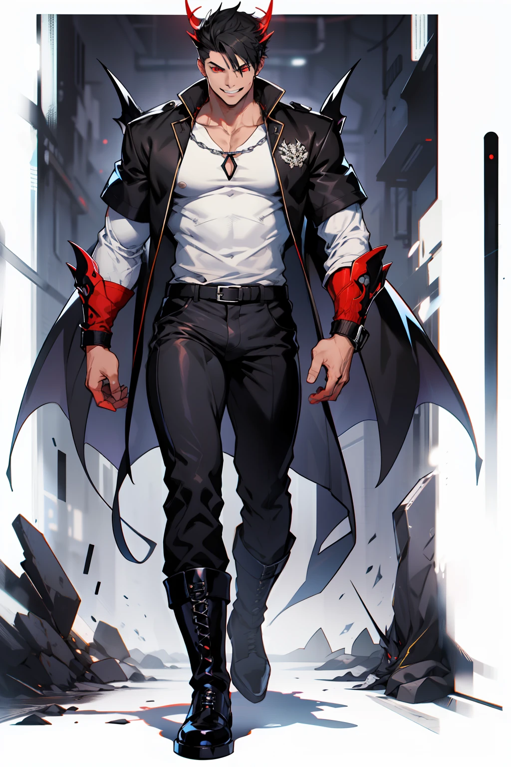 Valus is an ordinary demon standing at 1.75m tall. He has short black hair and red eyes. His skin is pale. He wears a black uniform with a white shirt underneath and black boots. Big bulge in pants. Flirty smile
