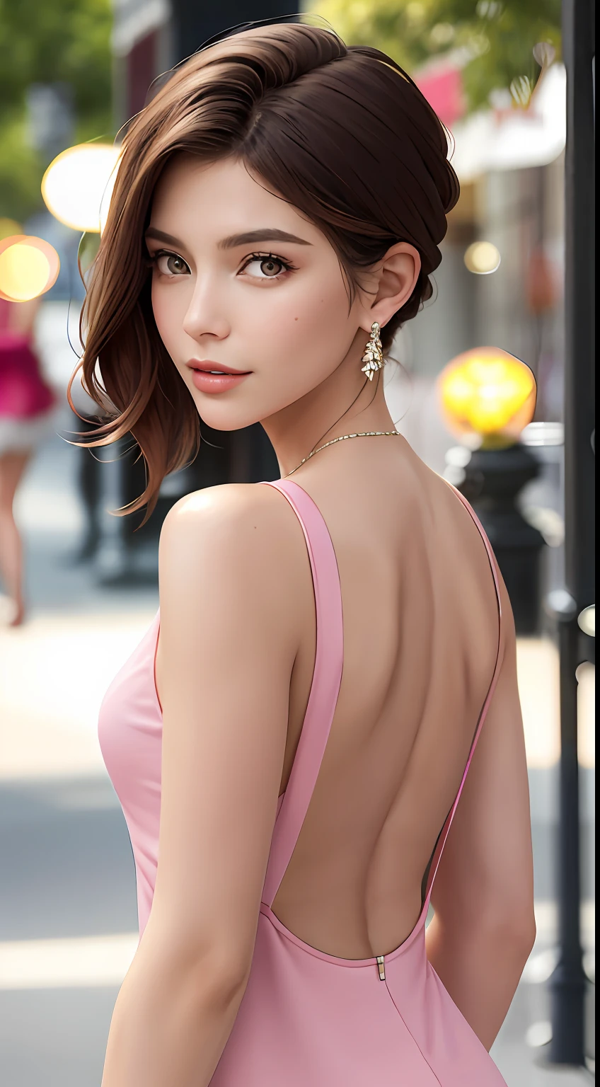 European and American women, A fashion model, Wearing a pink dress with an open back, Glamour, paparazzi taking pictures of her, short detailed hair, Brown eyes, 8K, High quality, Masterpiece, Best quality, k hd, Extremely detailed, voluminetric lighting, Photorealistic