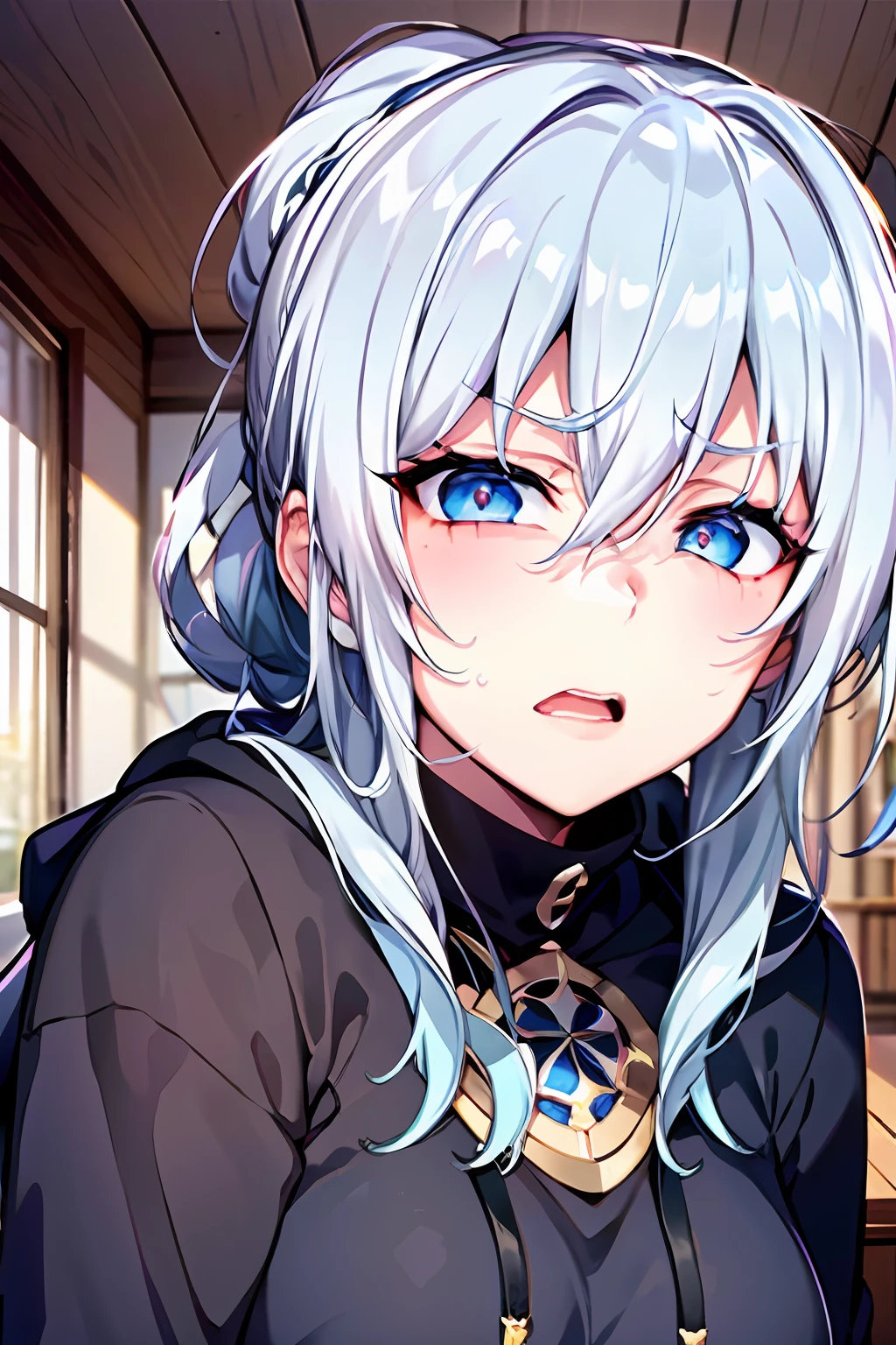 Yukino, Silver hair and  eyes in a black hoodie, anime visual of a cute girl, screenshot from the anime film, & her expression is solemn, ahegao face, in the anime film, in an anime, anime visual of a young woman, she has a cute expressive face, still from anime