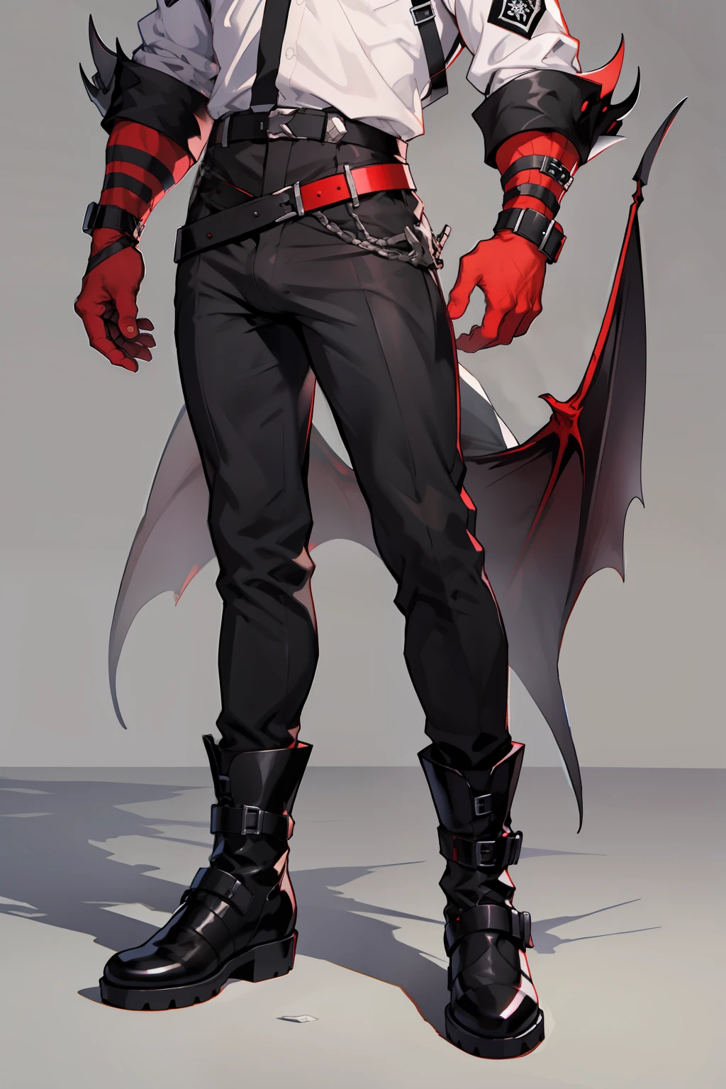 Valus is an ordinary demon standing at 1.75m tall. He has short black hair and red eyes. His skin is pale. He wears a black uniform with a white shirt underneath and black boots. Big bulge in pants. Flirty smile