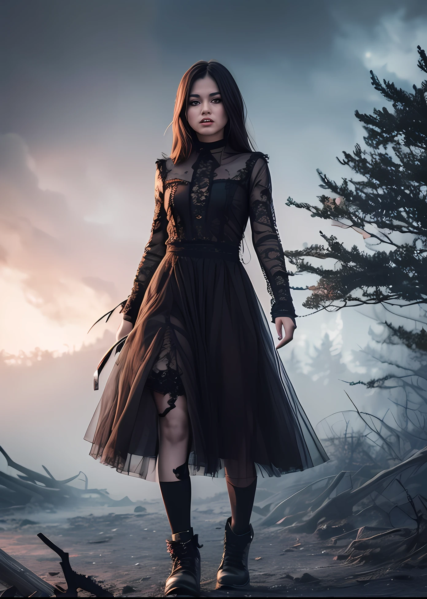 a beautiful girl, full body, beautiful face
horror, broken, distorted, sky, fog, smoke, dark forest,
masterpiece, ultra high resolution, high quality, face details 8k, 4k, super details
