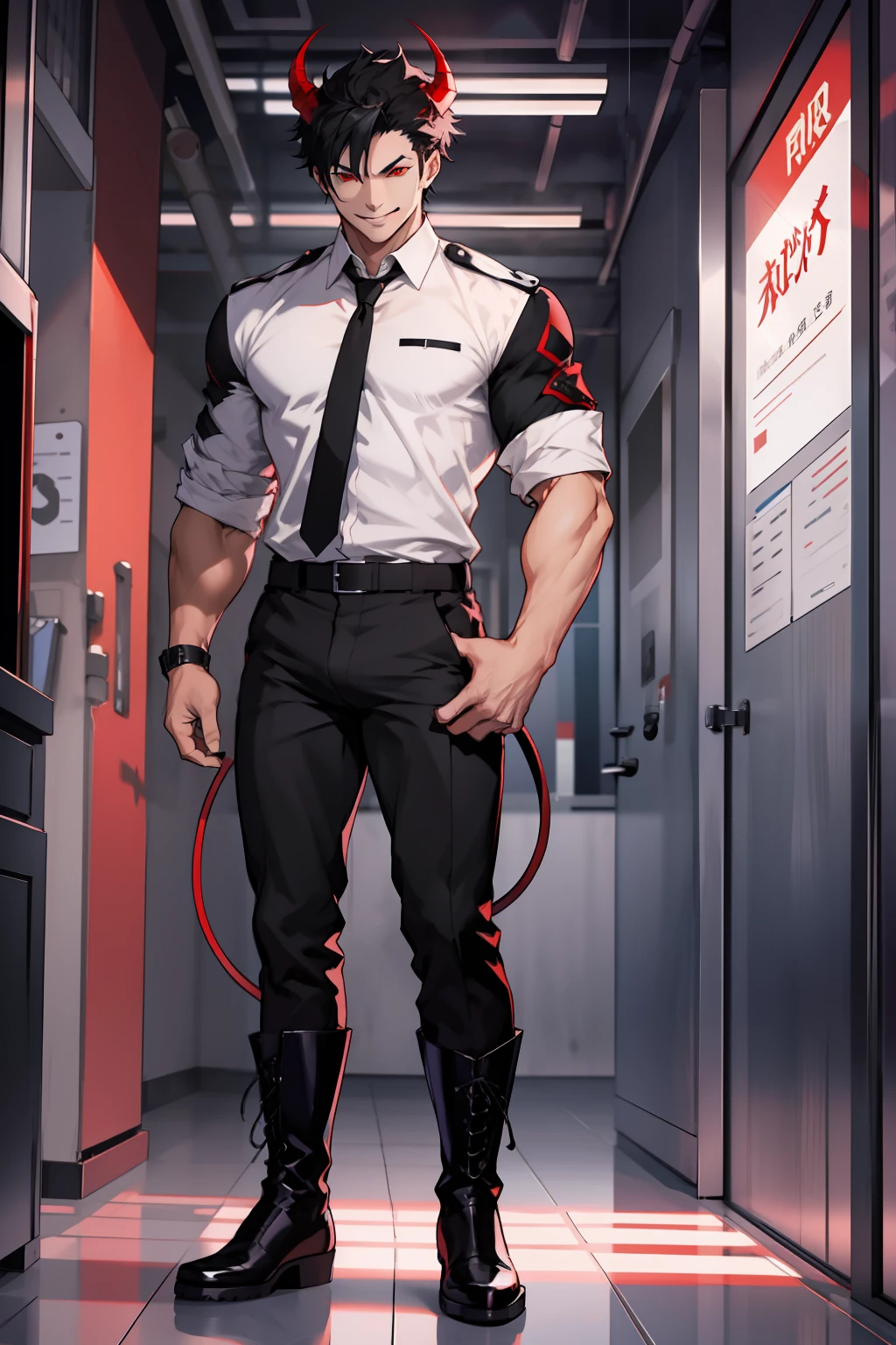 Valus is an ordinary demon standing at 1.75m tall. He has short black hair and red eyes. His skin is pale. He wears a black uniform with a white shirt underneath and black boots. Big bulge in pants. Flirty smile
