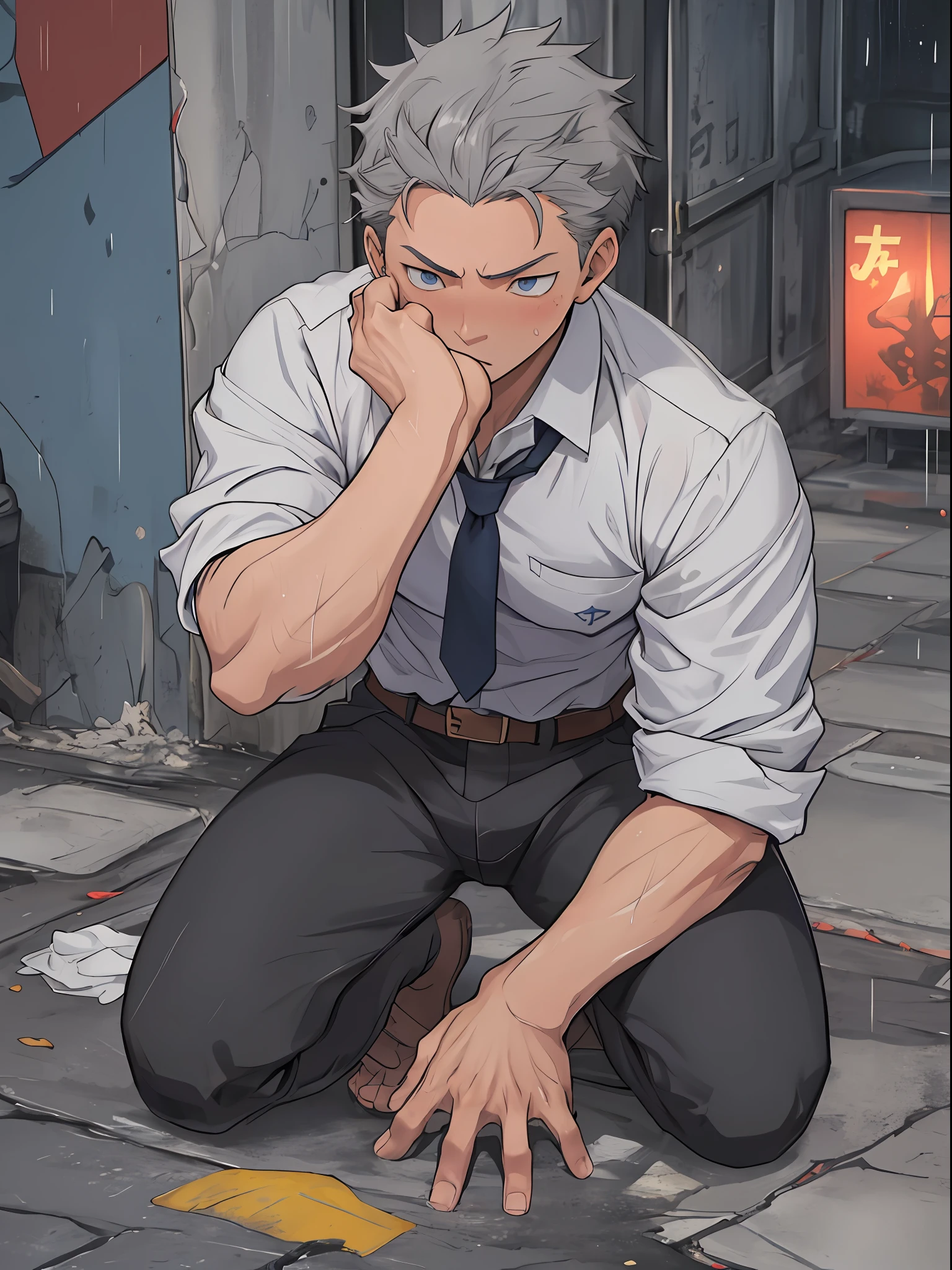 (1 Adult male),A high resolution, Sharp focus, Pixiv masterpiece, ((Complicated details)), highly detailed, natsuki_subaru, 1 man,Defeat, crestfallen,full bodyesbian,kneels on the ground, Sweaty crotch,Drenched,rain,The shirt is soaked,(A gesture of pleading),blue color eyes(eyes glowing), Short gray hair,white shirt,Wear a tie,Wear a belt,perspire,look from down
