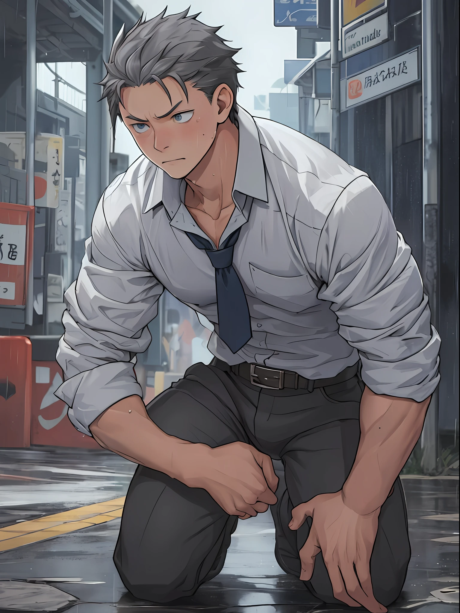 (1 Adult male),A high resolution, Sharp focus, Pixiv masterpiece, ((Complicated details)), highly detailed, natsuki_subaru, 1 man,Defeat, crestfallen,full bodyesbian,kneels on the ground, Sweaty crotch,Drenched,rain,The shirt is soaked,(A gesture of pleading),blue color eyes(eyes glowing), Short gray hair,white shirt,Wear a tie,Wear a belt,perspire,look from down