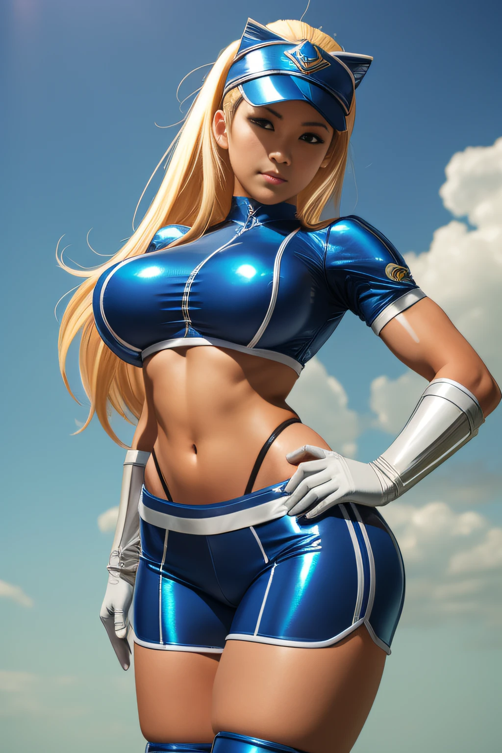 street fighter、Five Fingers、Very big big breasts、fighting poses、Chest that seems to burst、cleavage of the breast、One lady、Long legs、Fitness Model、musculature、abdominals、Powerful Pose、punch、Height 175cm、poneyTail、skin tanned、、clothes shiny、full-body view、Clothes that shine in iridescent colors、publicity cosplay、full-cosplay、taken with canon 5d mk4、cosplay foto