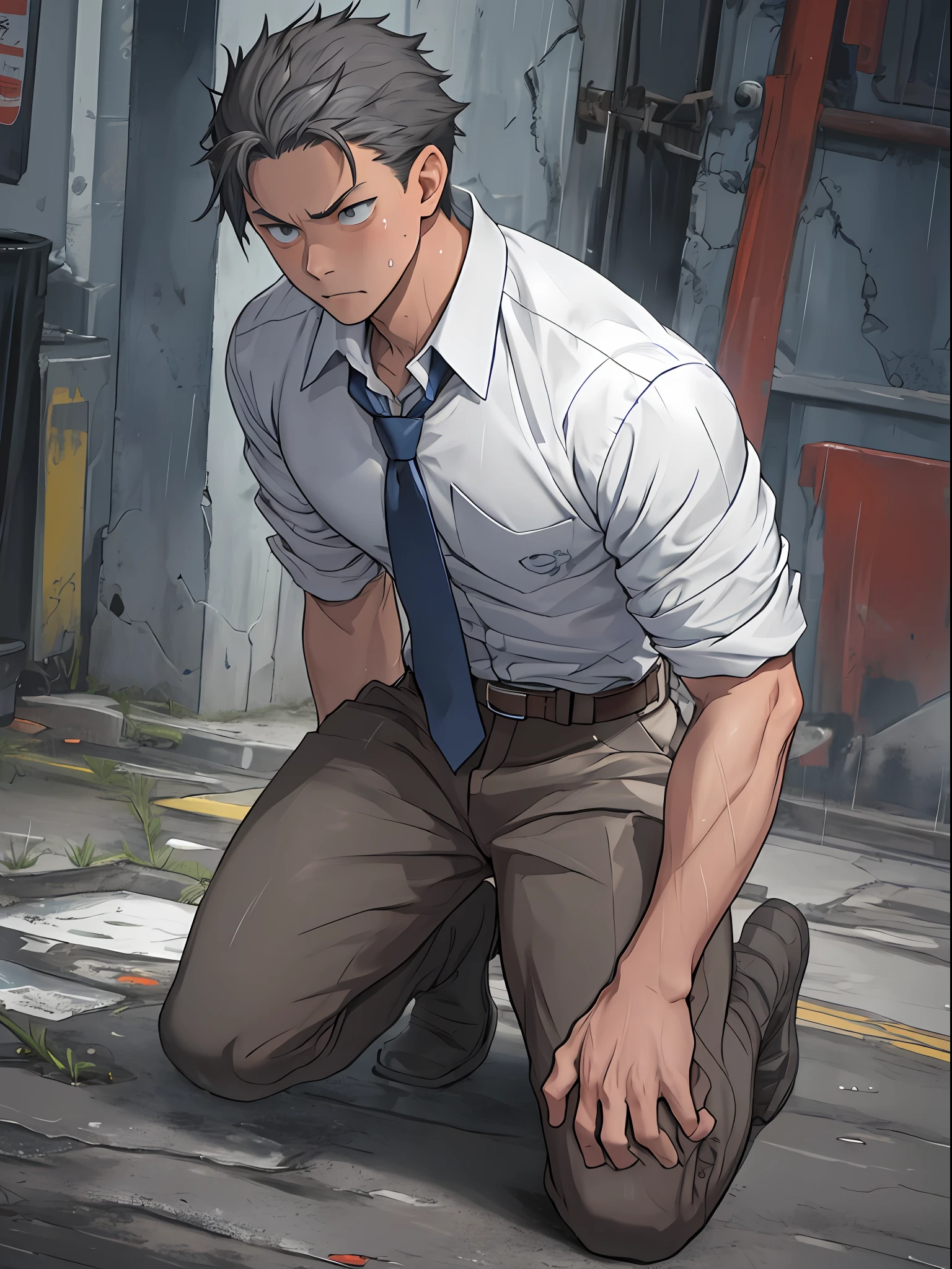 （1 Adult male），A high resolution， Sharp focus， Pixiv masterpiece， （（Complicated details））， highly  detailed， natsuki_subaru， 1 man，Defeat， crestfallen，full bodyesbian，kneels on the ground， Sweaty crotch，Drenched，rain，The shirt is soaked，（A gesture of pleading），blue color eyes（eyes glowing）， Short gray hair，white  shirt，Wear a tie，Wear a belt，perspire，look from down