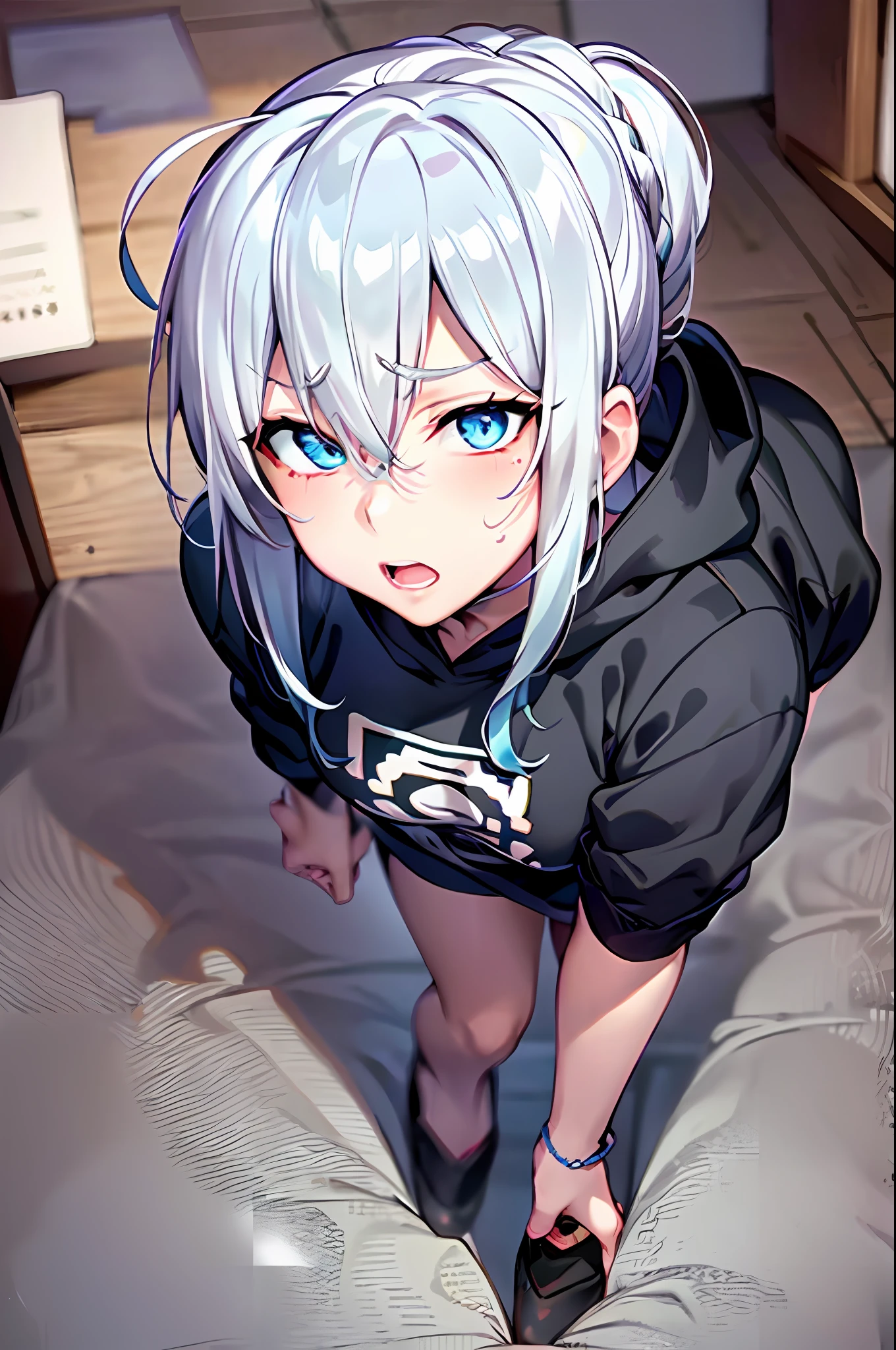 Yukino, Silver hair and  eyes in a black hoodie, anime visual of a cute girl, screenshot from the anime film, & her expression is solemn, ahegao face, in the anime film, in an anime, anime visual of a young woman, she has a cute expressive face, still from anime