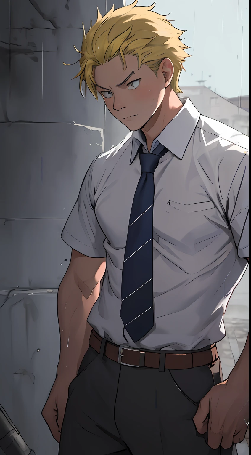 (1 Adult male),A high resolution, Sharp focus, Pixiv masterpiece, ((Complicated details)), highly detailed, natsuki_subaru, 1 man, Lazy,CRIT,full bodyesbian,Stretch out, blue color eyes(eyes glowing), Short yellow hair,white shirt,Wear a tie,Wear a belt,perspire,rain,Drenched,Sweaty crotch,look from down